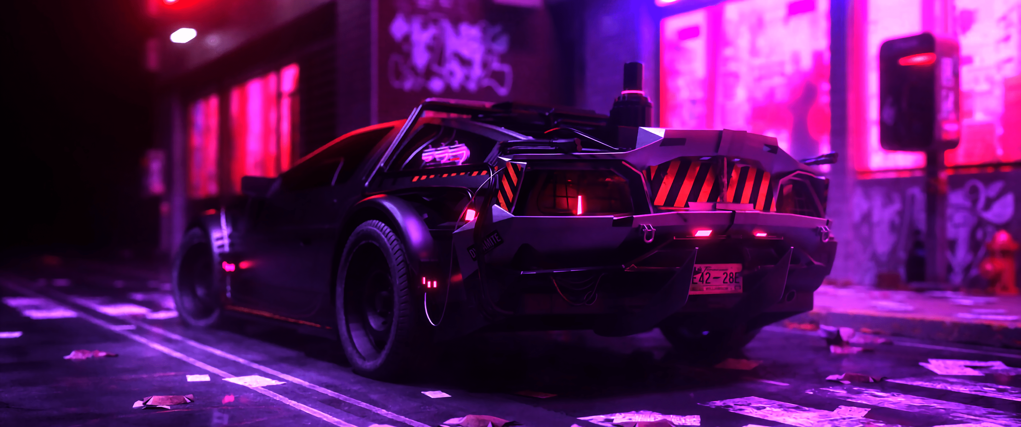 3440x1440 DMC DeLorean Wallpaper 4K, Synthwave, Neon, Cyberpunk