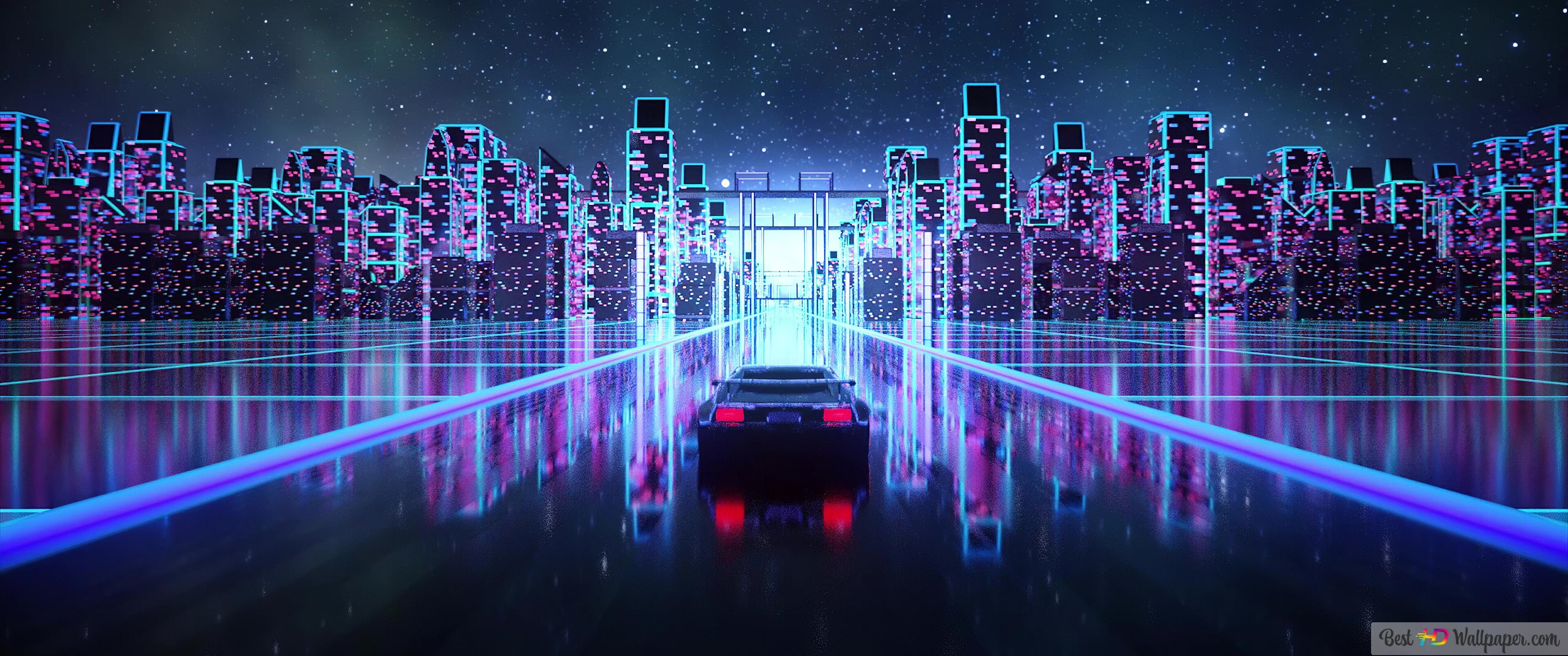 3440x1440 Synthwave City Car 4K wallpaper download