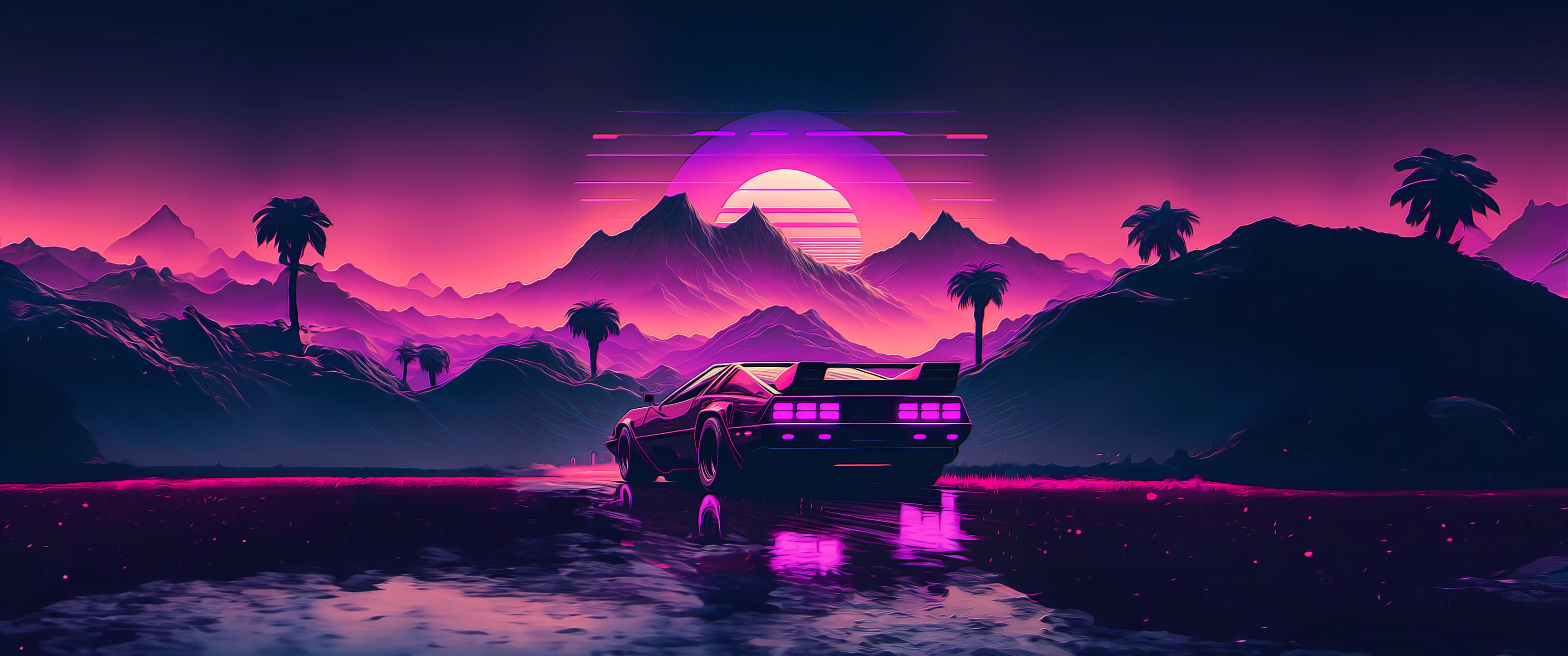 3440x1440 Download Retro car, Mountains, Month, Night, Neon, AI Art, Car, Graphics Wallpaper in 3440x1440 Resolution