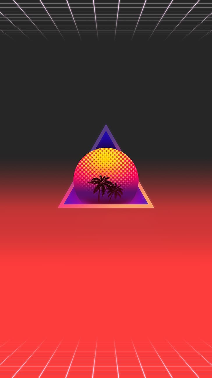 728x1294 HD wallpaper: synthwave, OutRun, vaporwave, Retrowave, sunset, palm trees