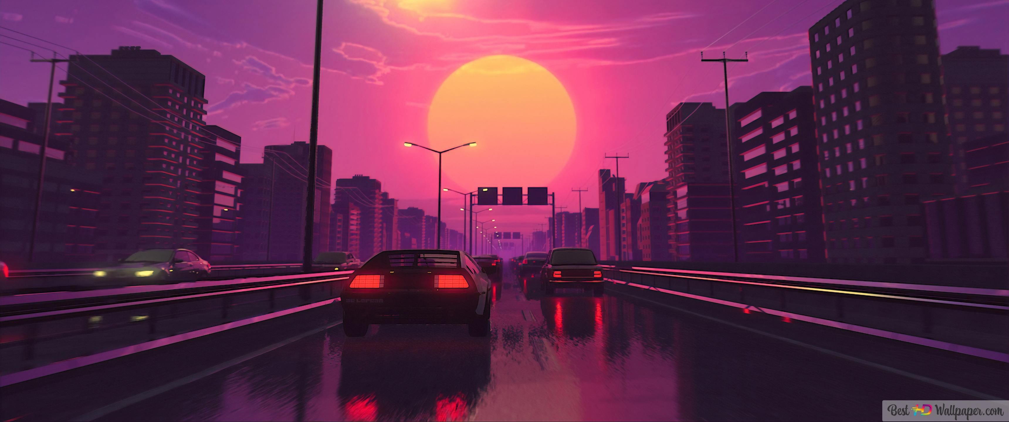 3440x1440 Neon City Retrowave Synthwave 4K wallpaper download