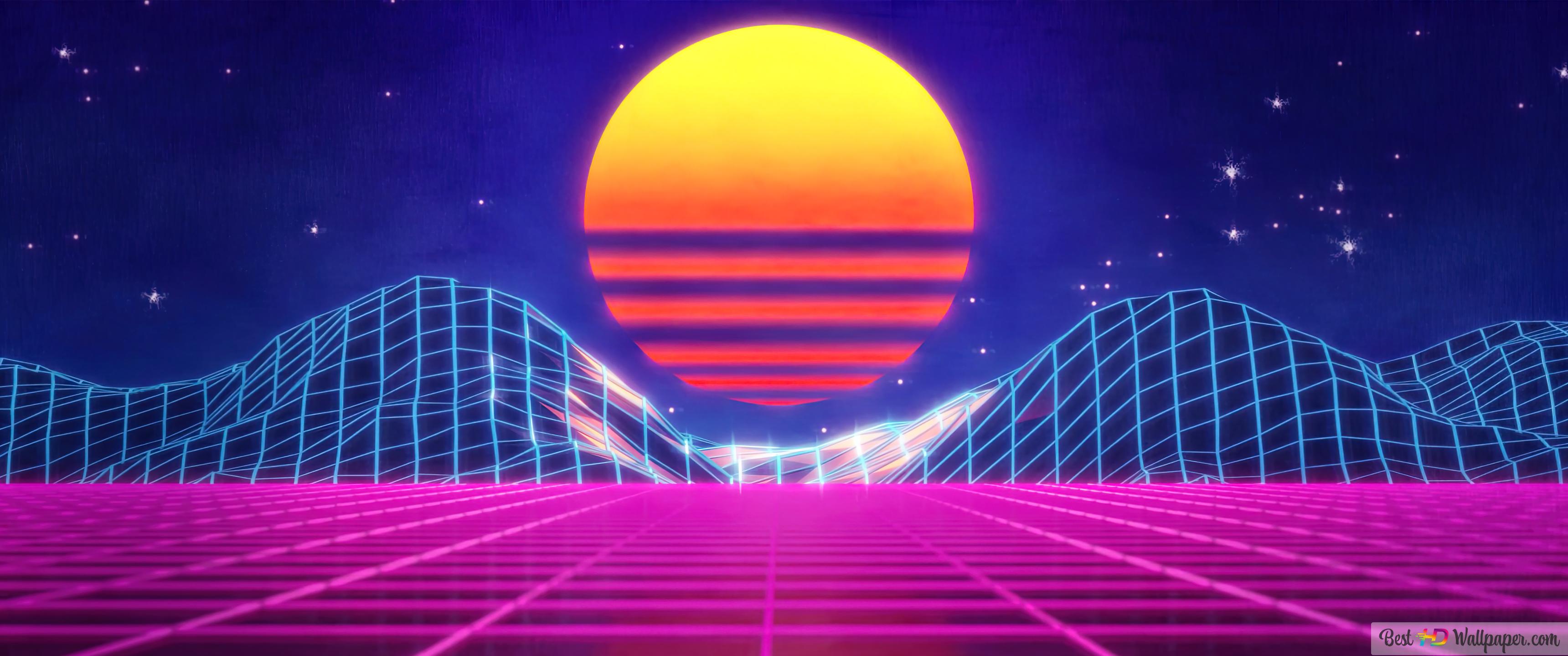 3440x1440 Synthwave Retrowave Sun Grid 4K wallpaper download