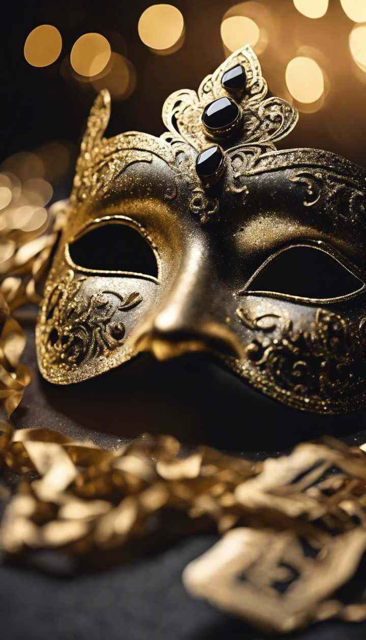 720x1260 Kilau hitam dan emas menutupi topeng Venesia di bawah pencahayaan lembut Wallpaper [243a2f1a6efe43309bf0] oleh Wallpaper HD