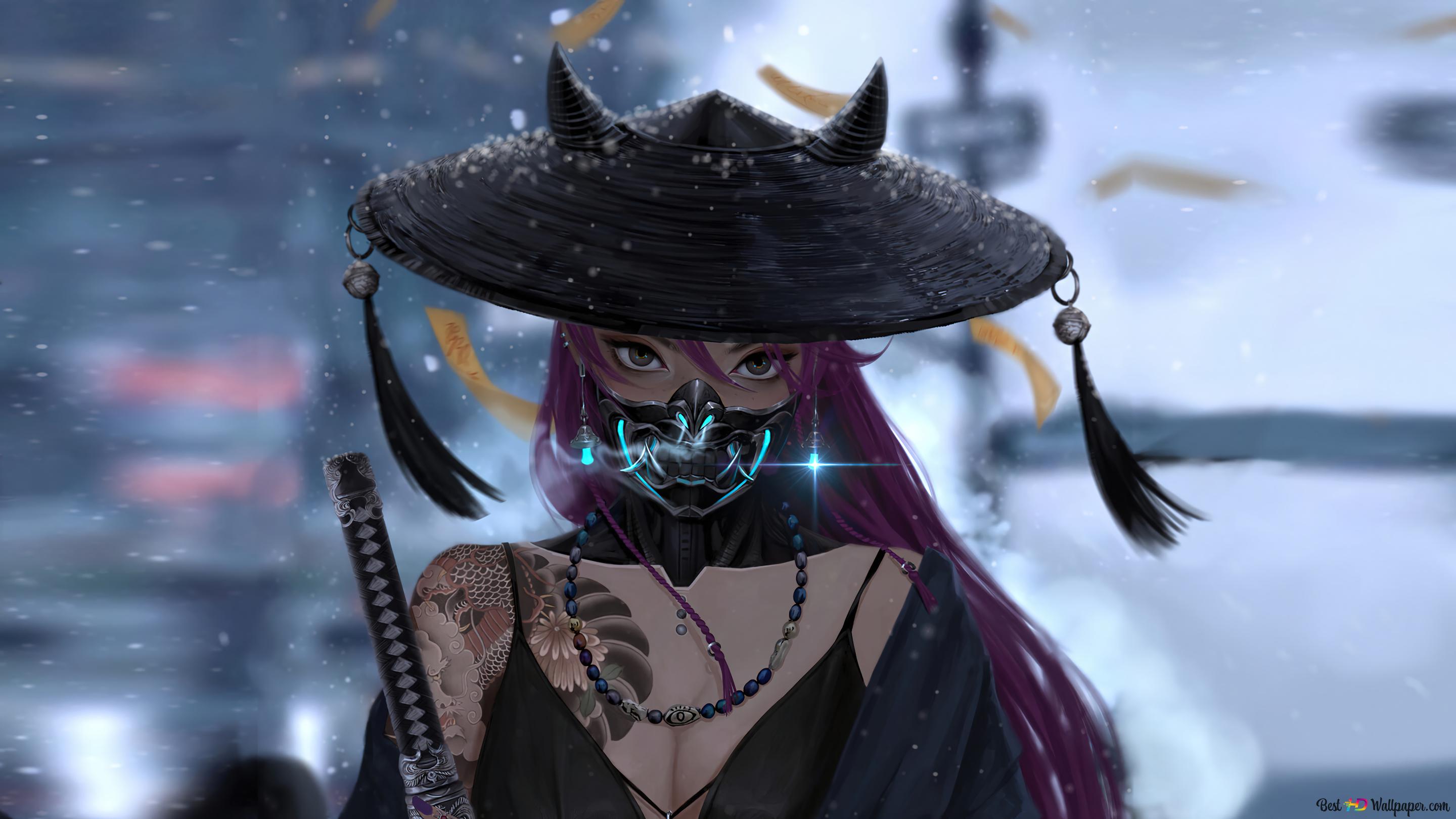 2880x1620 Gadis Samurai Topeng Oni (Seni Cyberpunk) 4K unduhan wallpaper