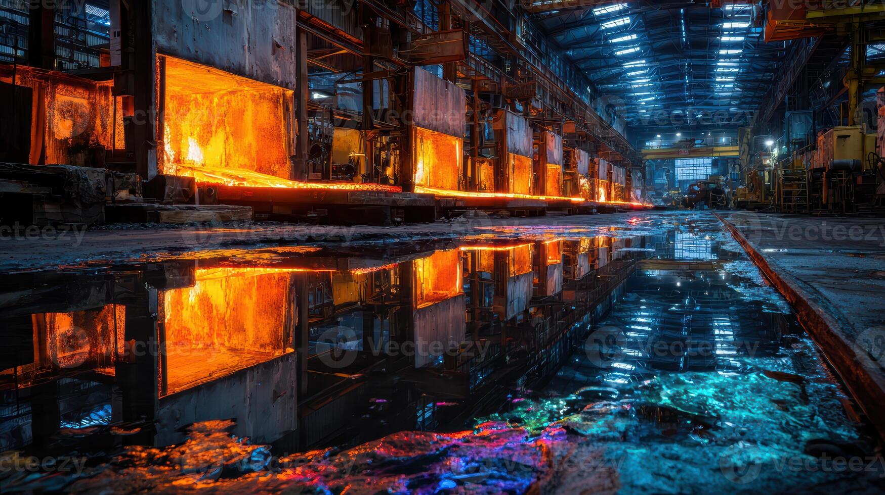1749x980 Industrial Steel Factory with Molten Metal and Reflections in Water