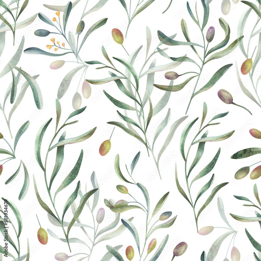 1000x1000 Seamless pattern with olive branches, olives and leaves on white background. Hand drawn watercolor botanical print for fabrics, wallpaper, scrapbooking, postcards. Stock Illustration