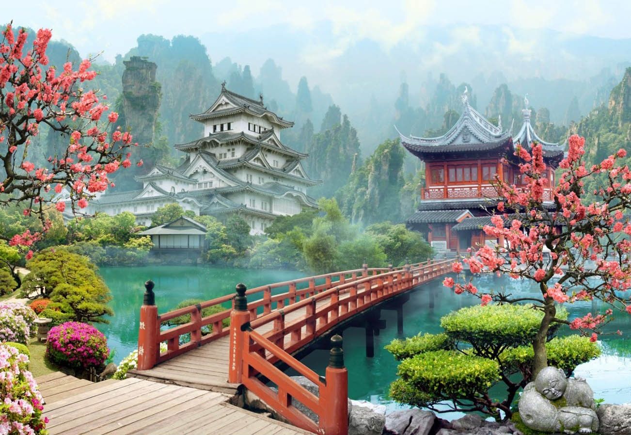 1302x897 Sakura Blossom Garden Wallpaper: Japanese Wall Mural, Nature Decor