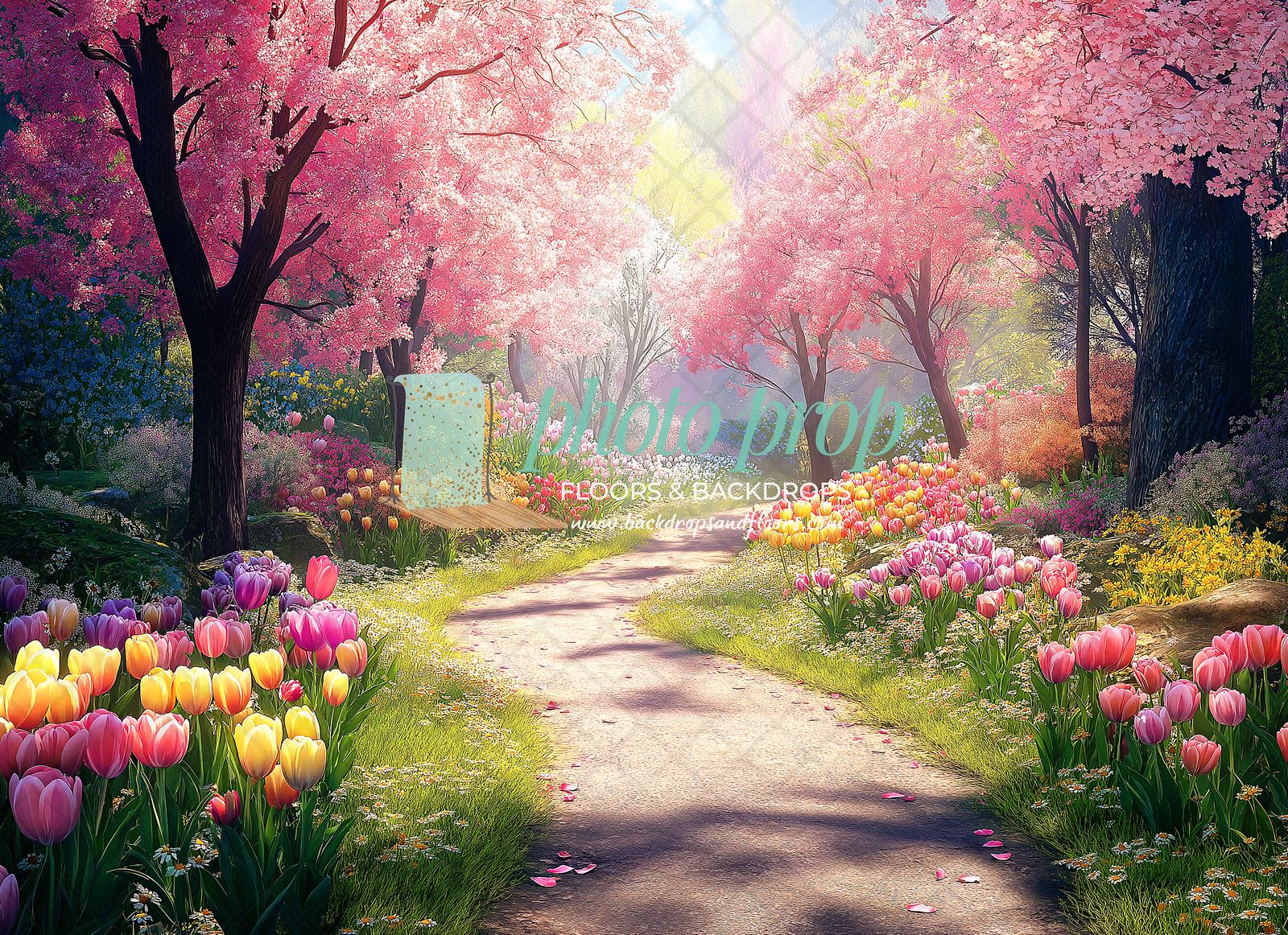 1600x1162 Cherry Blossom Lined Path Photography Backdrop, Sakura, Pink Flowers, walkway, sidewalk, clearing, woods, forest, enchanted forest, Spring