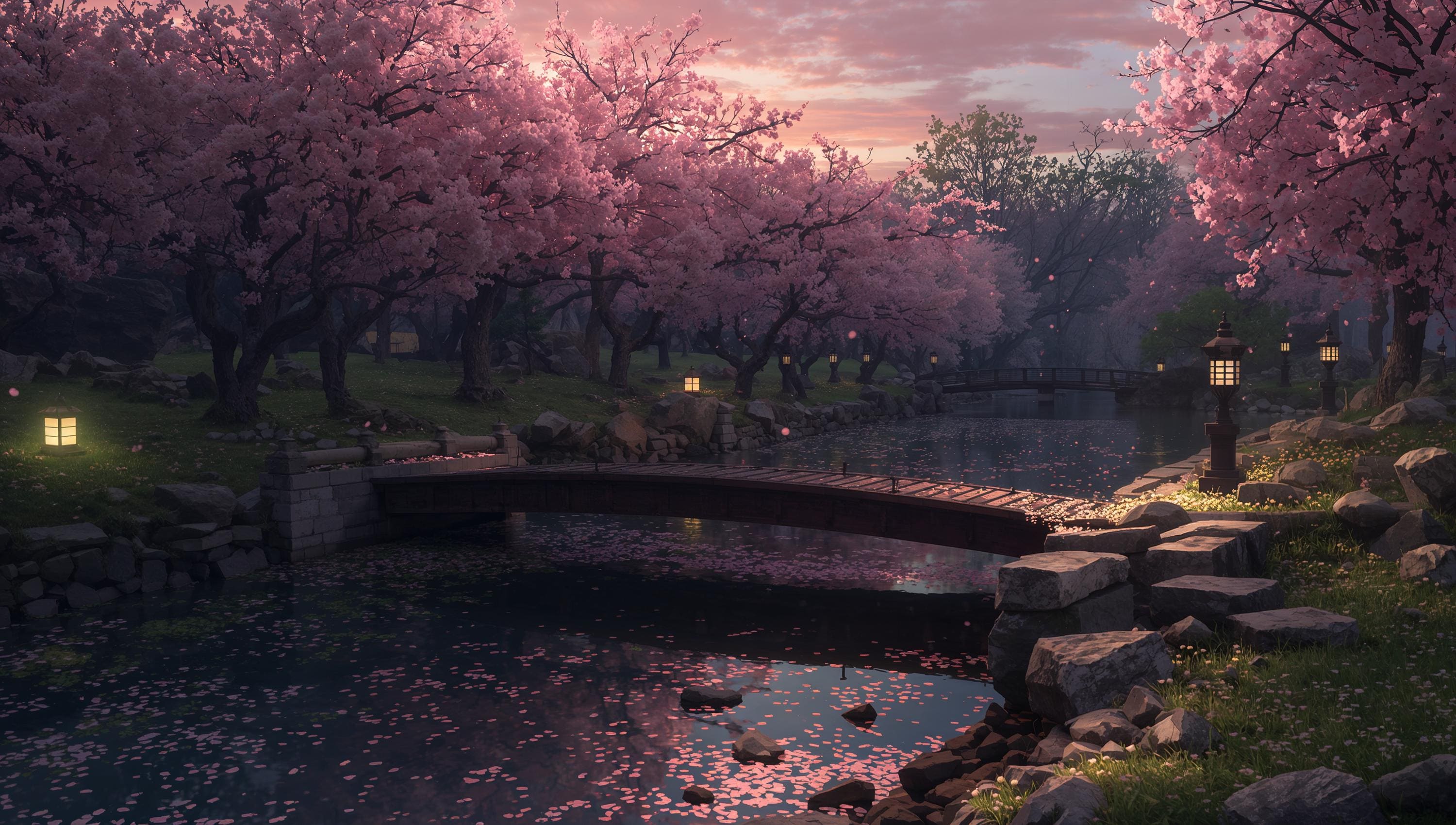 3000x1700 Cherry Blossom Bridge Wallpaper: 4K Japanese Garden Digital Art JPEG Download