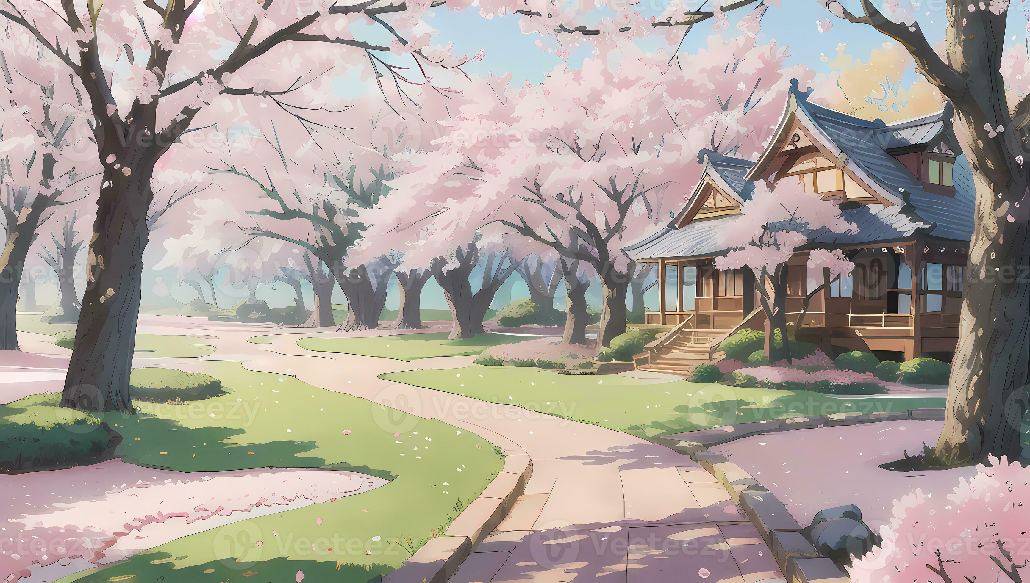 3461x1960 Sakura Garden during Spring Time Visual Novel Anime Manga Background Wallpaper