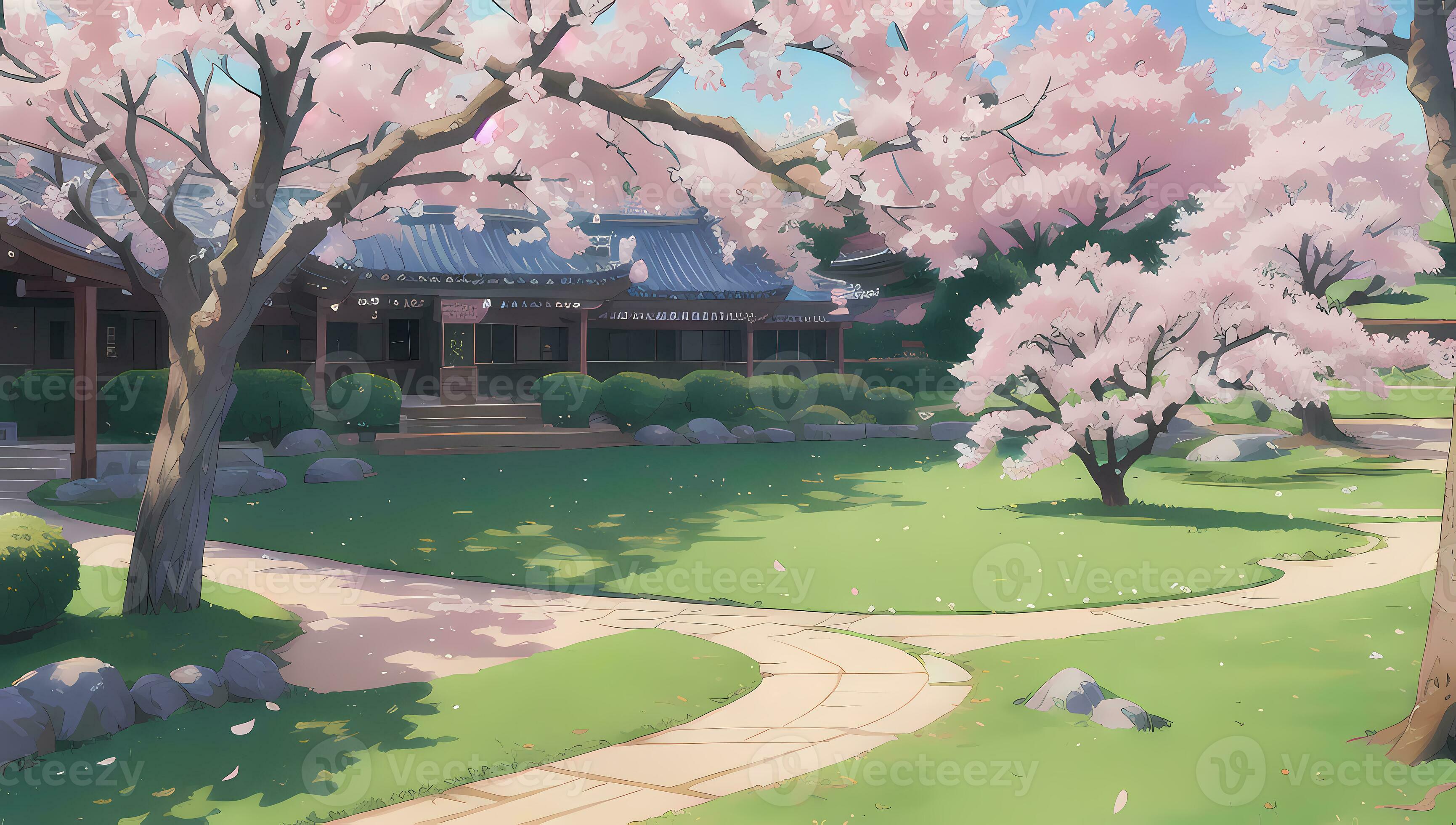 3461x1960 Sakura Garden during Spring Time Visual Novel Anime Manga Background Wallpaper