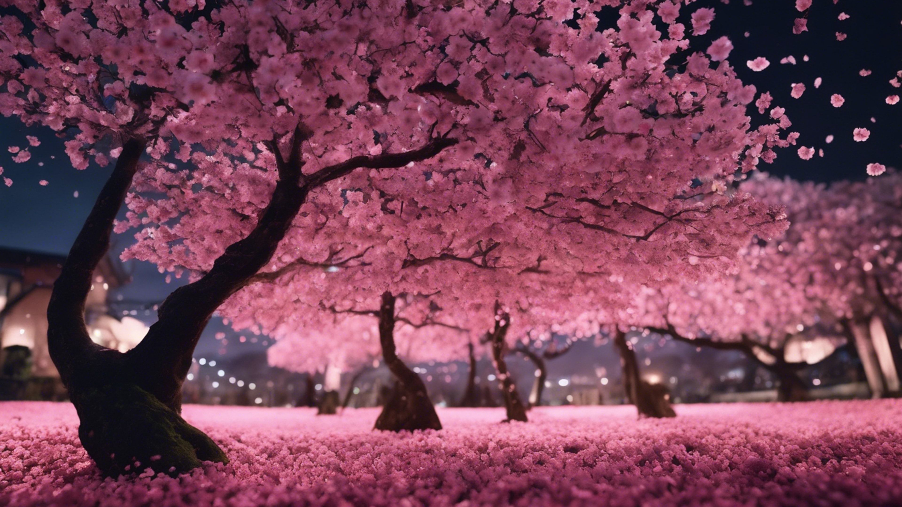 3840x2160 A view from under a vibrant cherry blossom tree, petals fluttering down against the backdrop of a dark, peaceful night. Wallpaper [a0543f50a45149588c37]