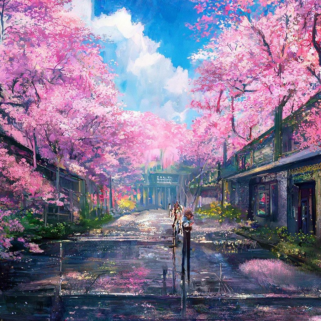 1024x1024 Sakura garden, in the city, in the style of '-niji', old anime style, high