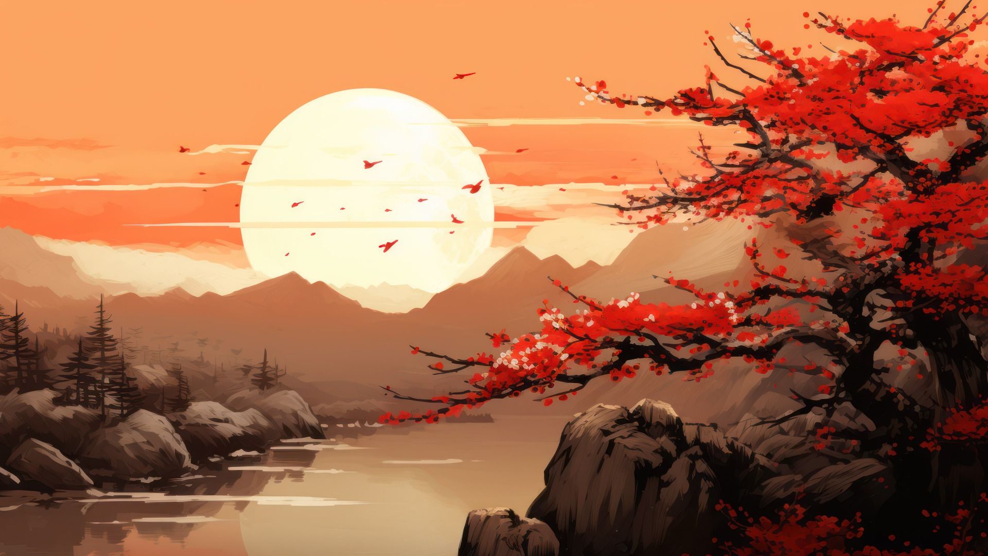 1920x1080 Japanese Painting Lake Scenery AI Generated [1920x1080]