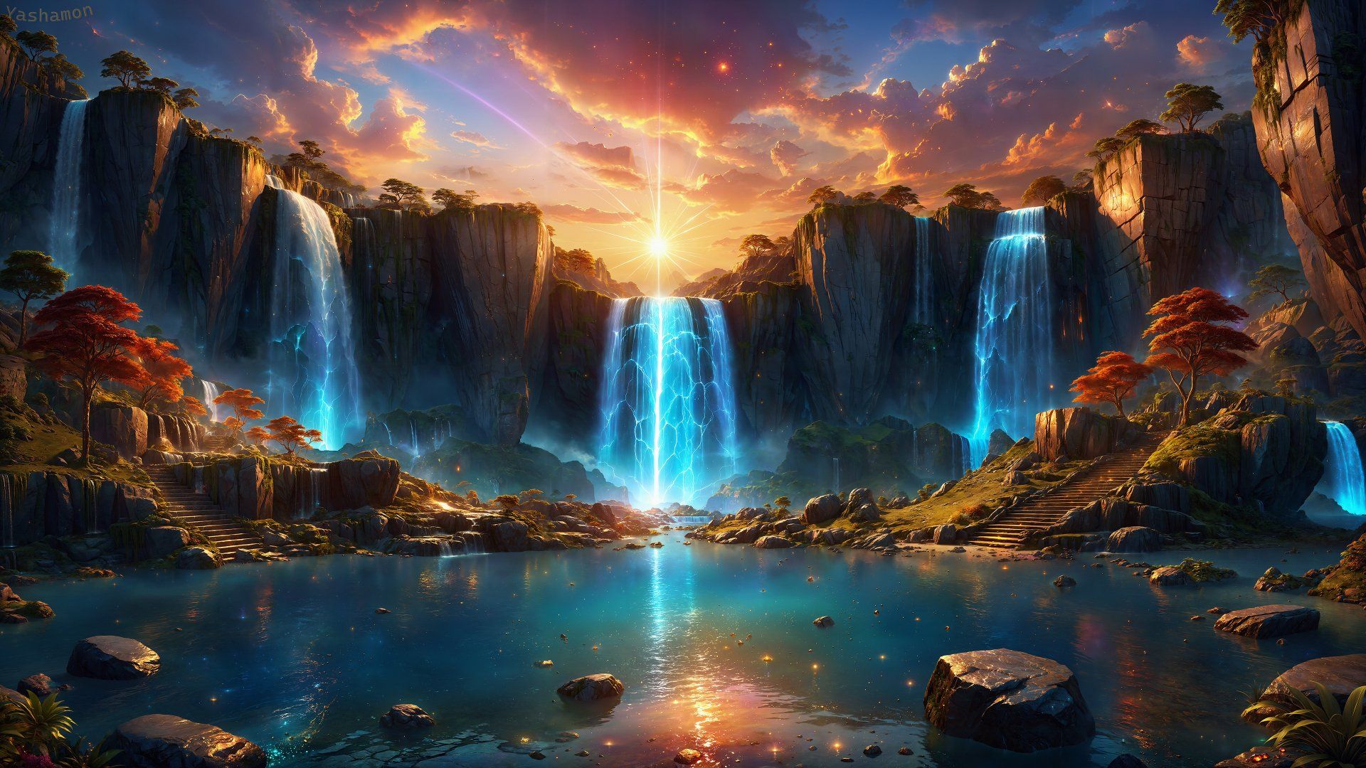 1920x1080 4K Ultra HD AI Sunrise Waterfall Landscape Wallpaper