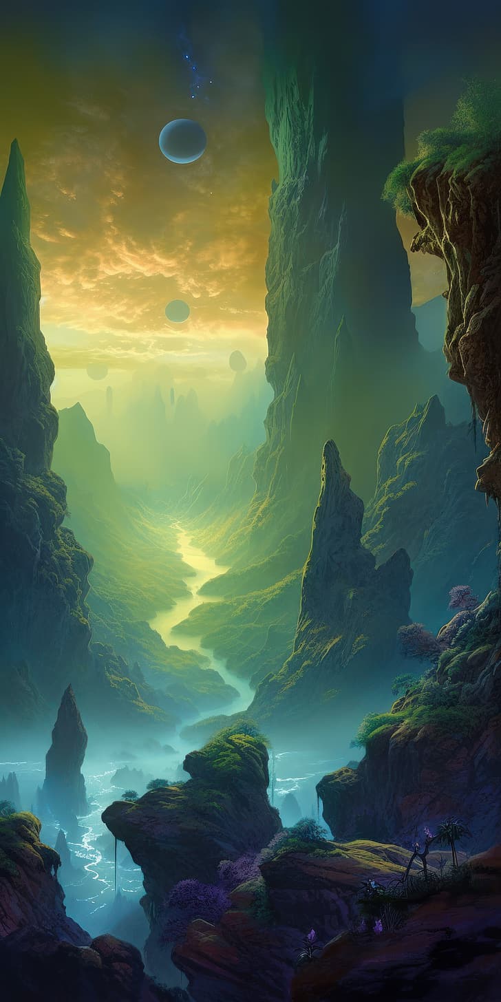 728x1456 HD wallpaper: AI art, vertical, portrait display, aliens, landscape, planet