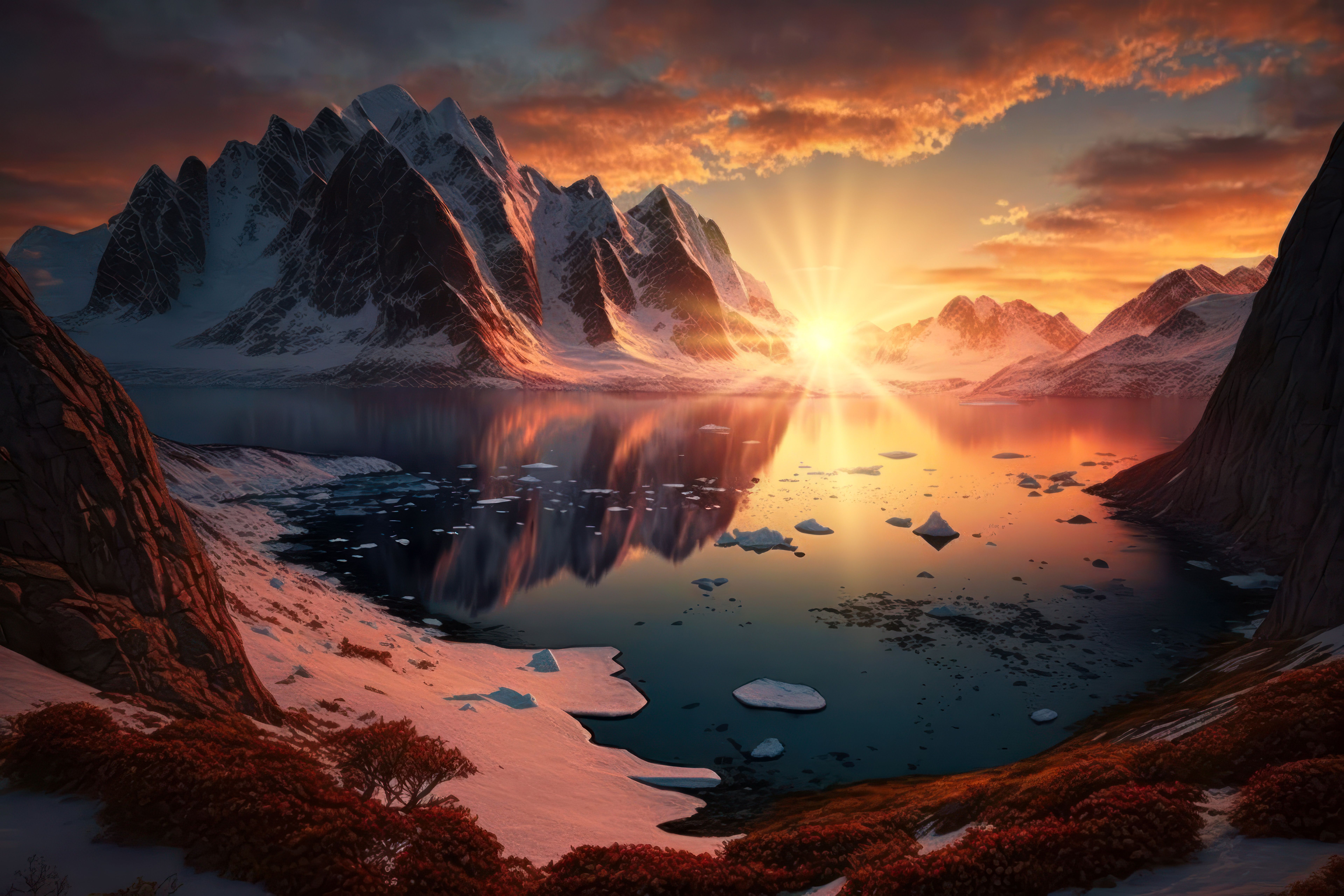 7680x5120 Wallpaper landscape, nature, sunset, mountains, scenic, lake, reflection, Arctic for mobile and desktop, section ии арт, resolution 7680x5120