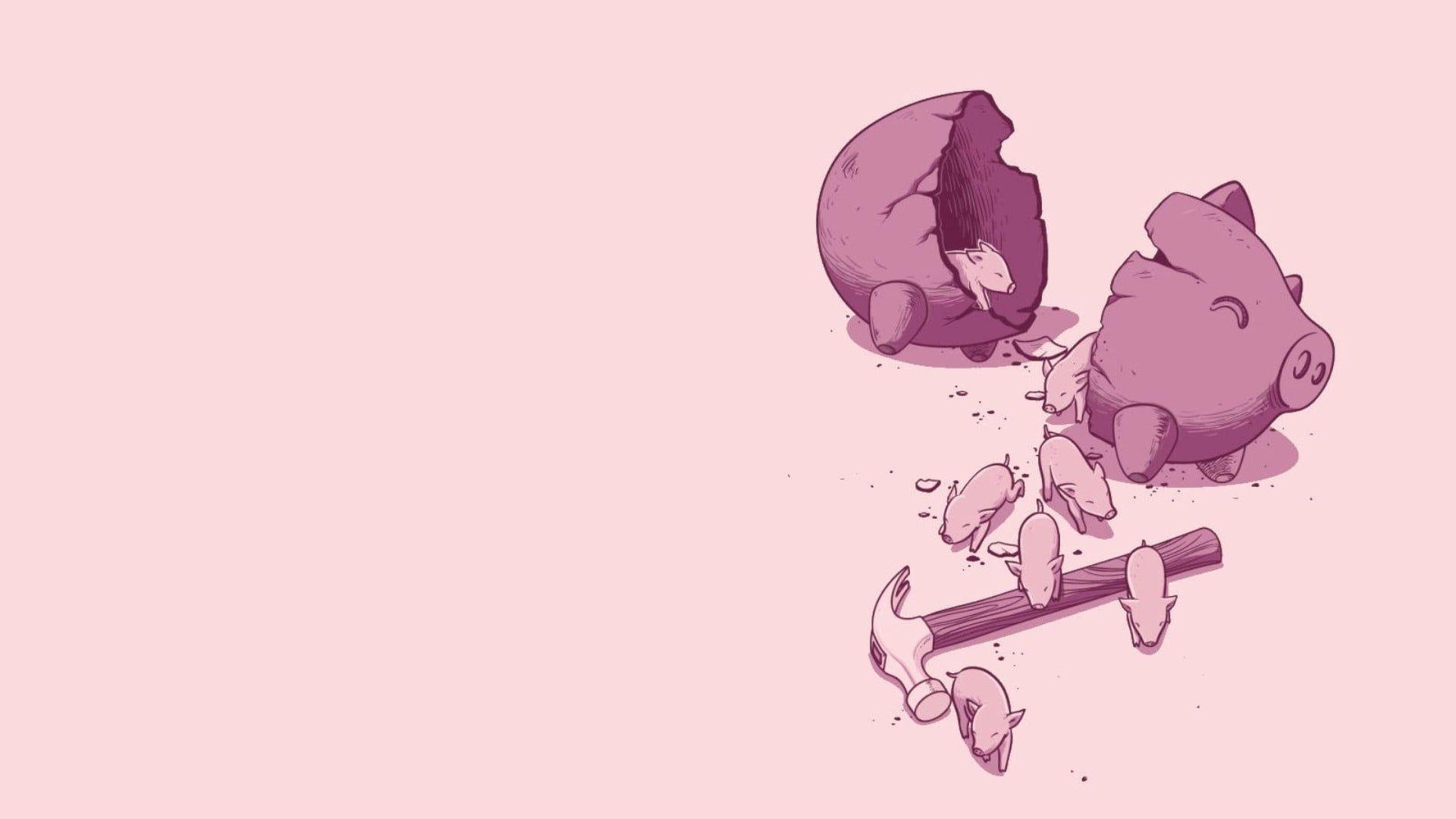 1920x1080 Pink piggy bank illustration, pigs, minimalism HD wallpaper