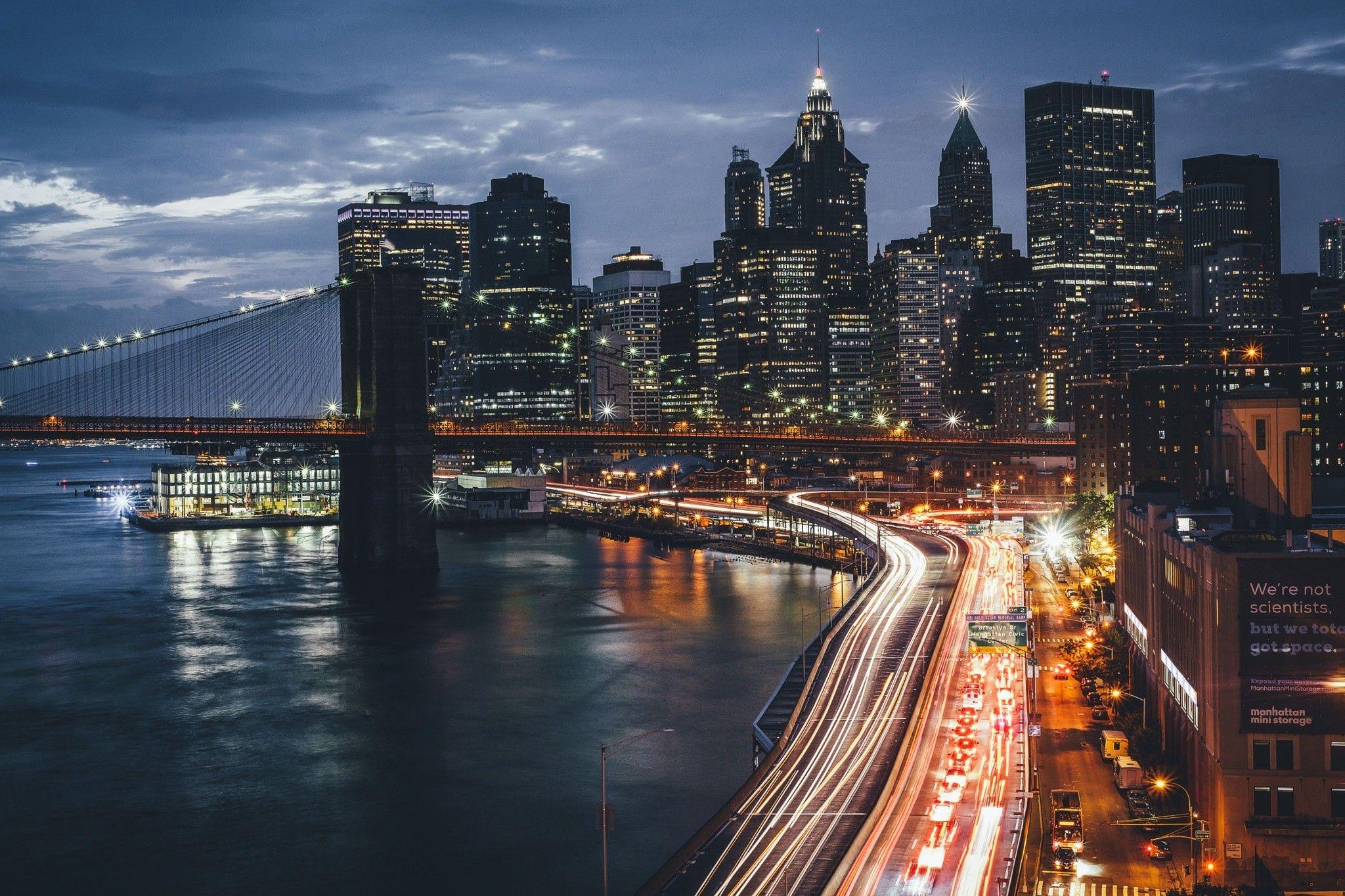2048x1365 Free download bridge lights night USA city New York City wallpaper