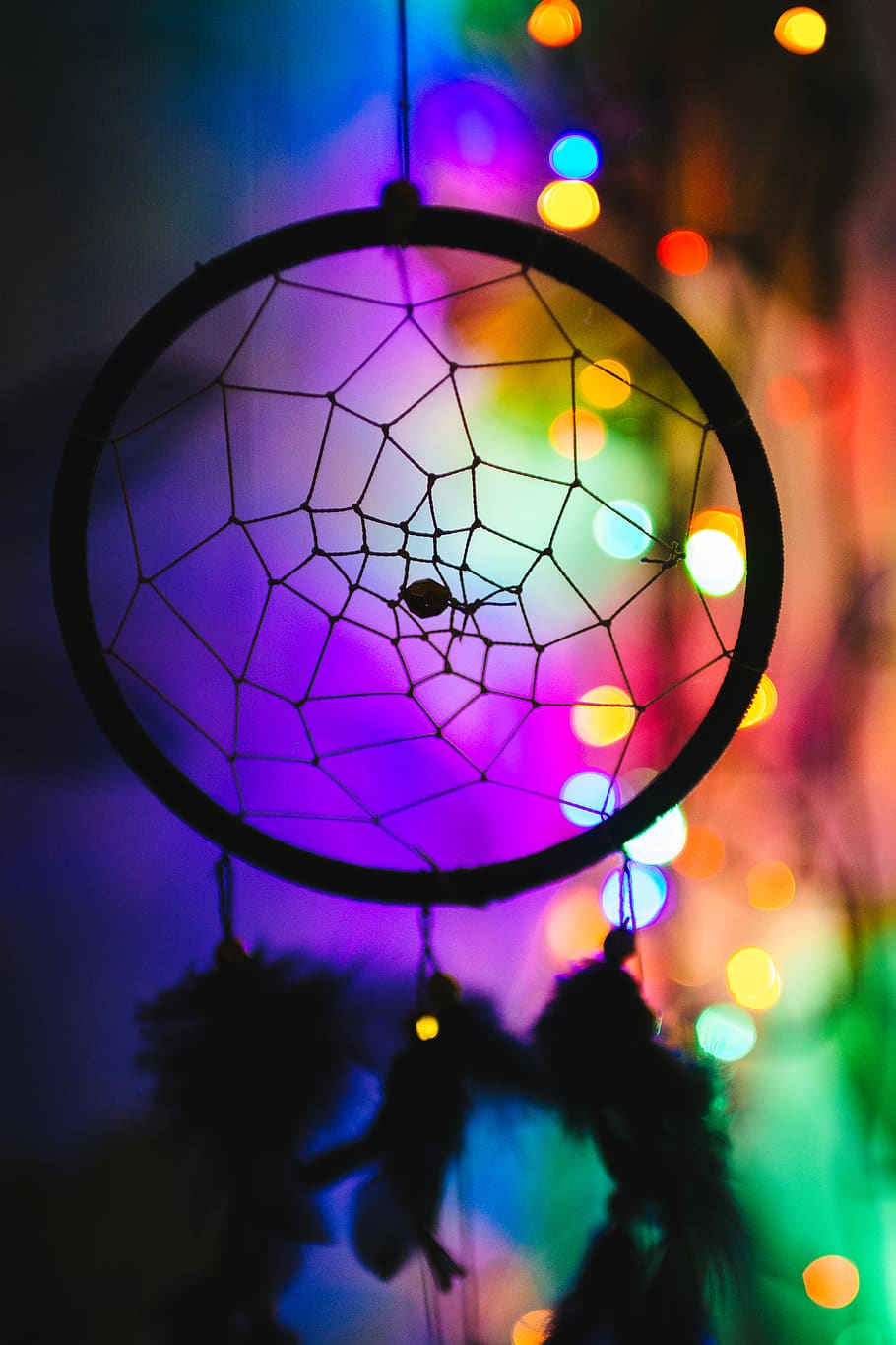 910x1365 HD wallpaper: light, rainbow, color, bokeh, dreamcatcher, illuminated, focus on foreground