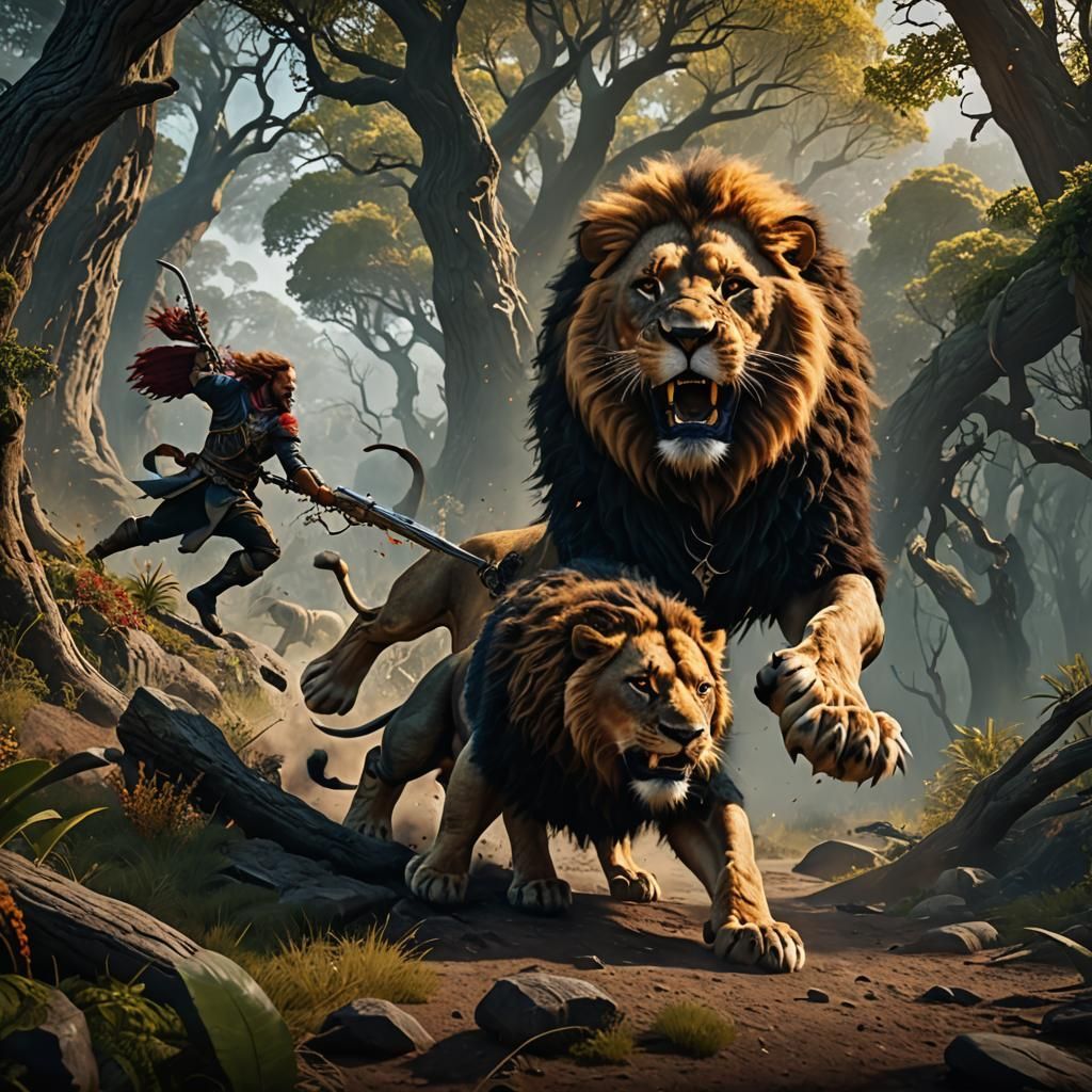 1024x1024 Lion attacks hunter Attacks Hunter: Detailed Fantasy