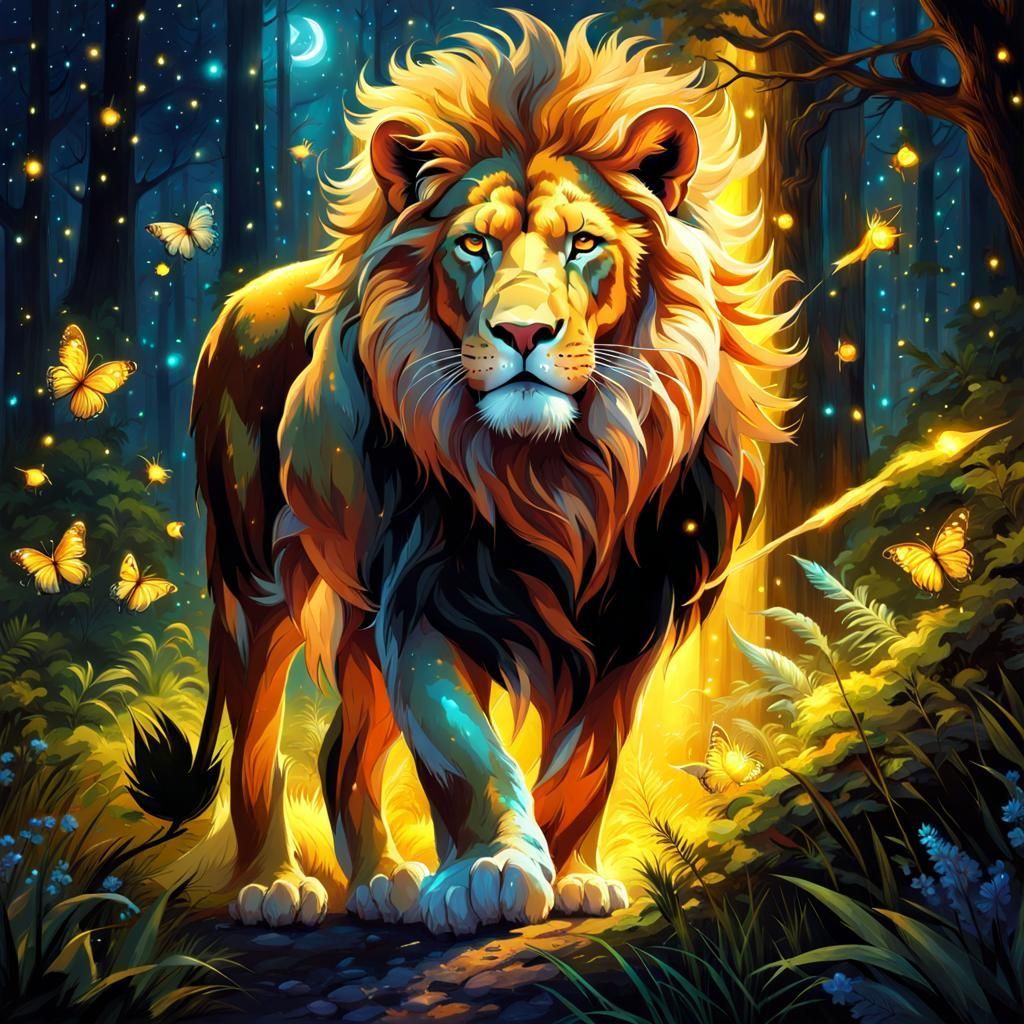 1024x1024 Glowing Lion Attack in Magic Forest at Night