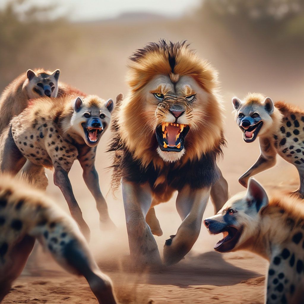 1024x1024 Beautiful and strong Lion fights hyenas, Lion defends, aesthetically