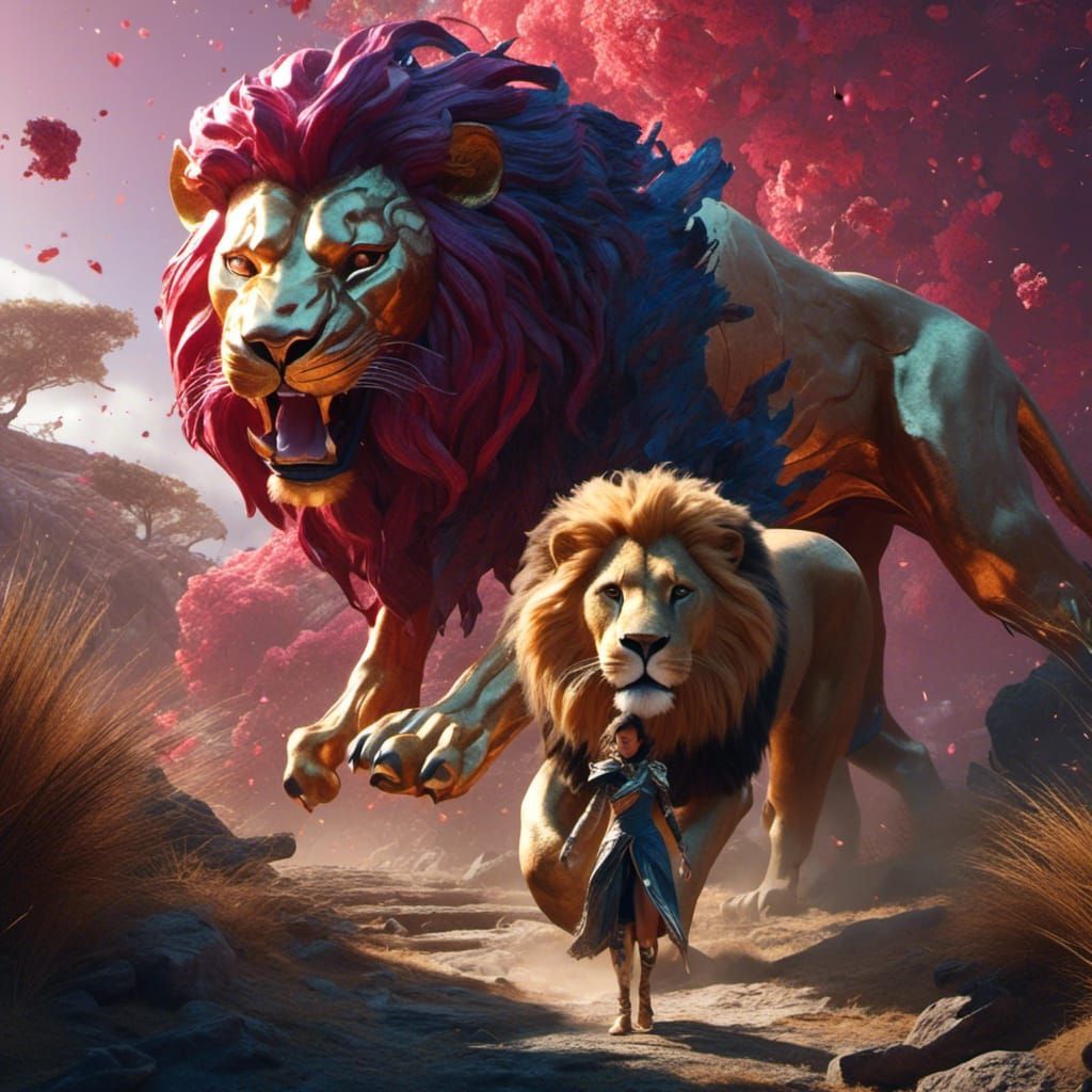 1024x1024 Ayla's Escape: Lion Attack in Fantasy Art