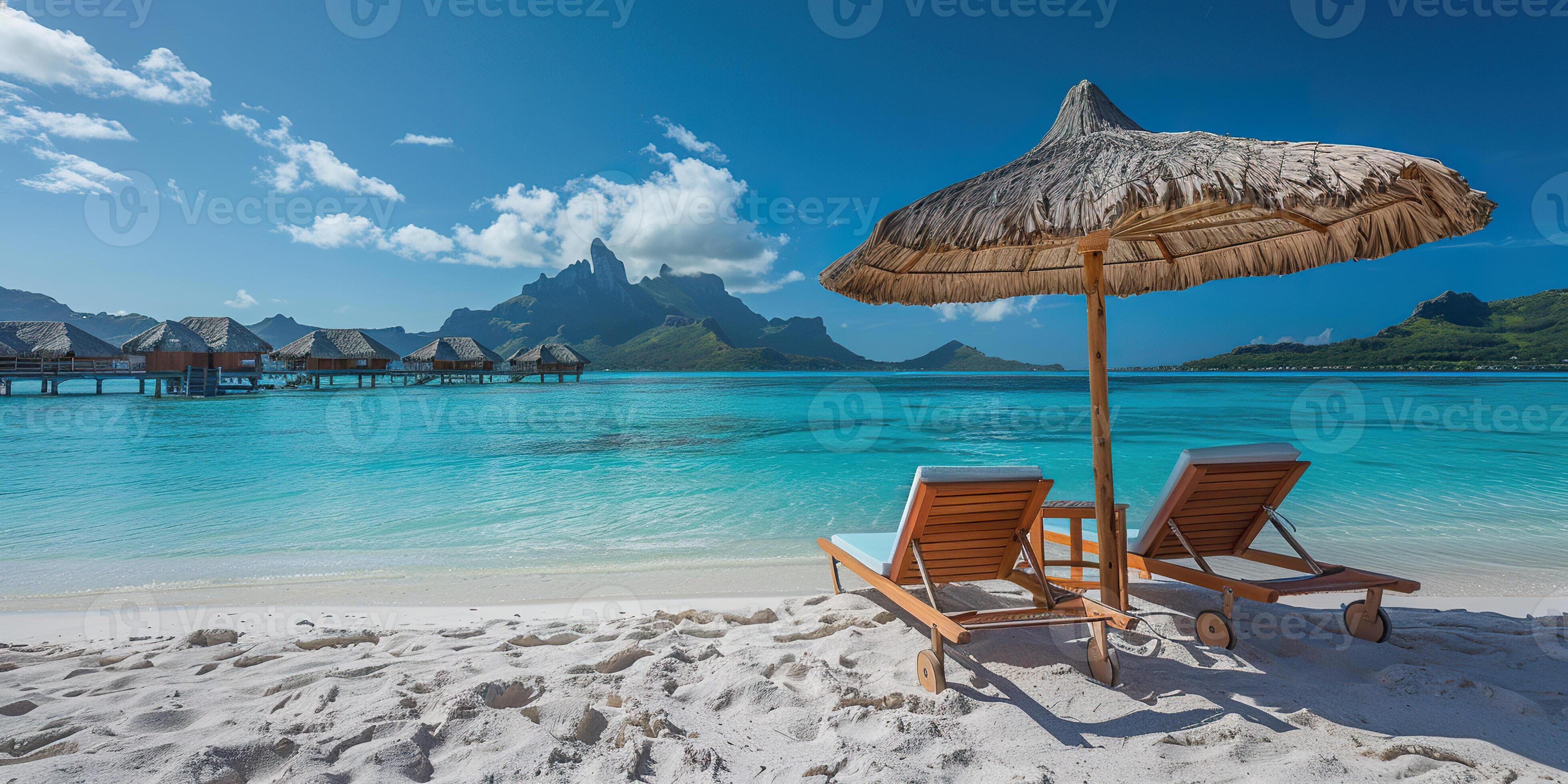 3920x1960 Bora Bora island in Tahiti, French Polynesia. Mt. Otemanu, luxury travel resort destination, summer vacation, holiday, tourism, sandy beach with clear blue waters background wallpaper