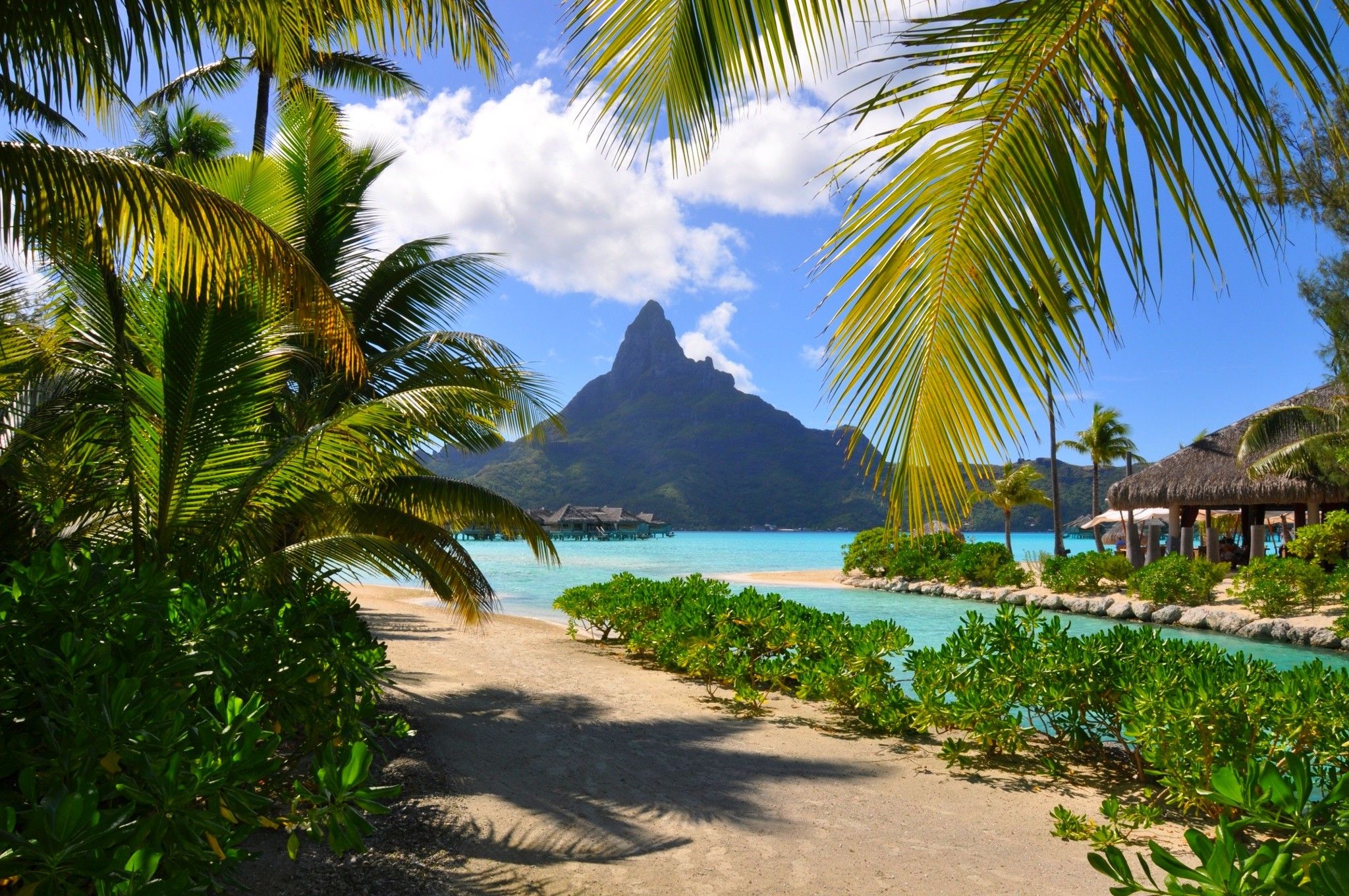 2048x1360 Bora Bora, Resort, Beach, French Polynesia, Mountain, Palm Trees, Sea, Summer, Tropical, Nature, Landscape, Clouds, Shrubs Wallpaper HD / Desktop and Mobile Background