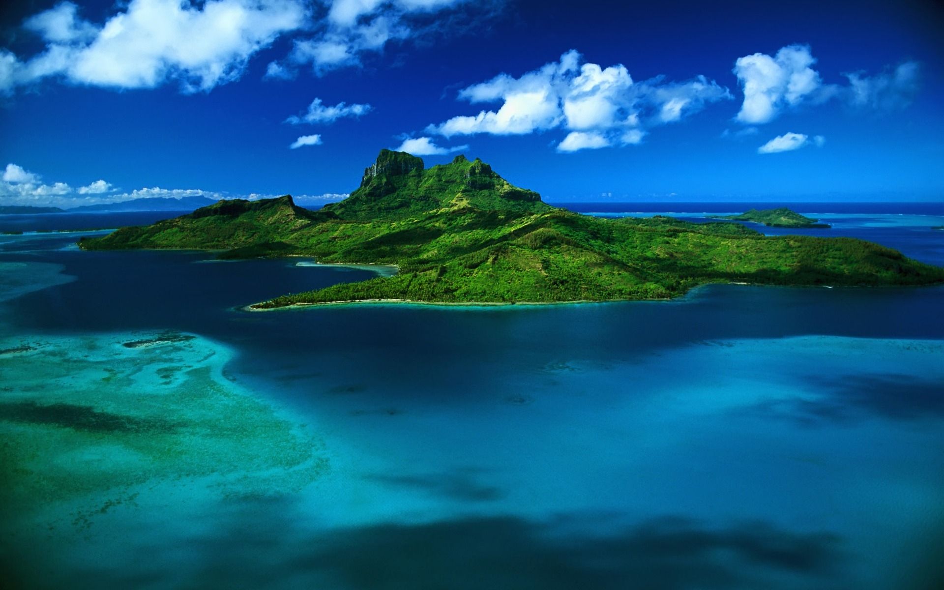 1920x1200 Wallpaper Green Mountain Beside Blue Sea Under Blue Sky and White Clouds During Daytime, Background Free Image