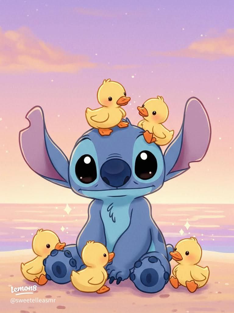 768x1024 Cute Baby Stitch Wallpaper ✨ Beach Day with Adorable Ducks!