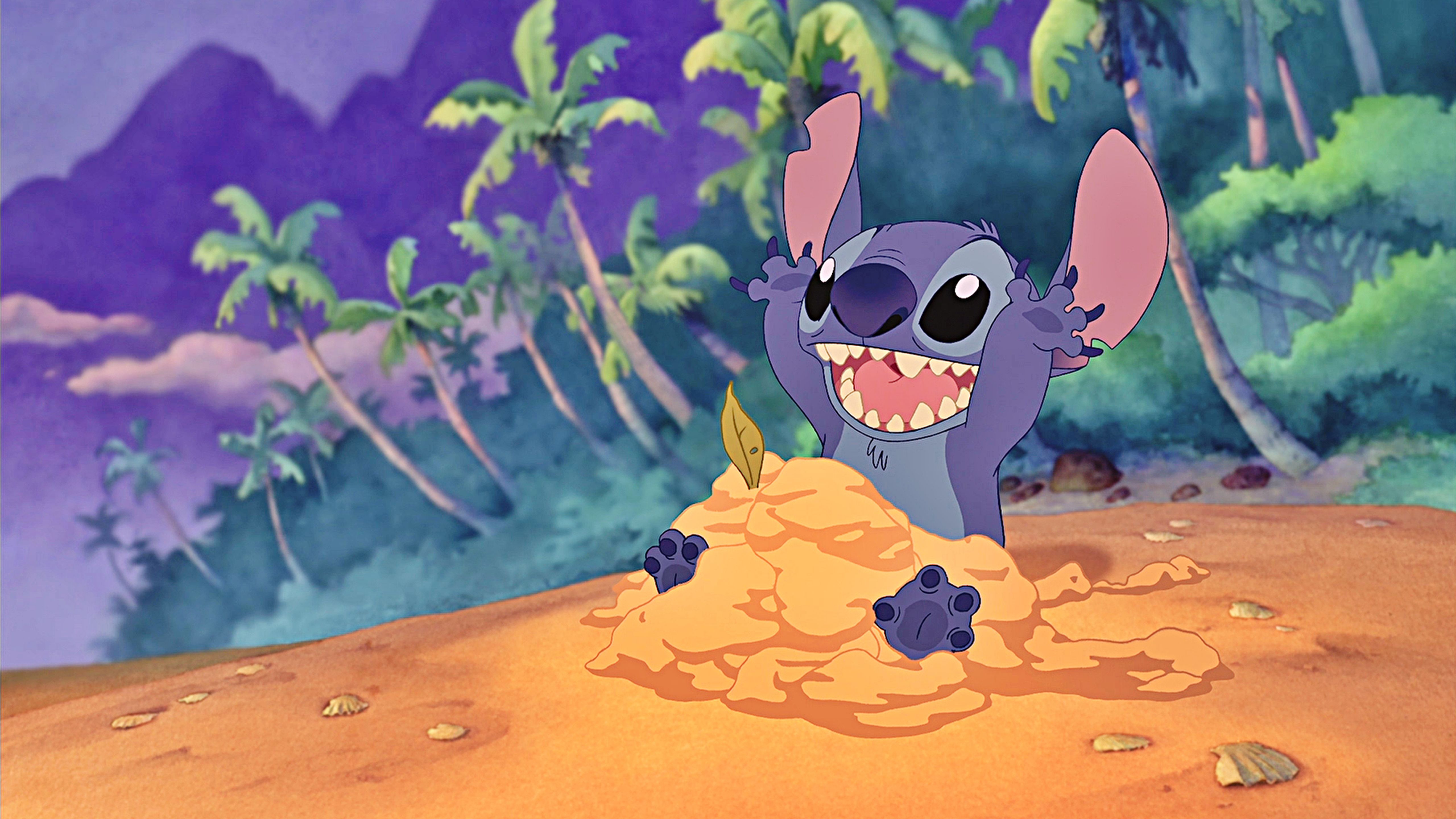 5120x2880 Stitch Is Sitting On Sand 4K 5K HD Stitch Wallpaper