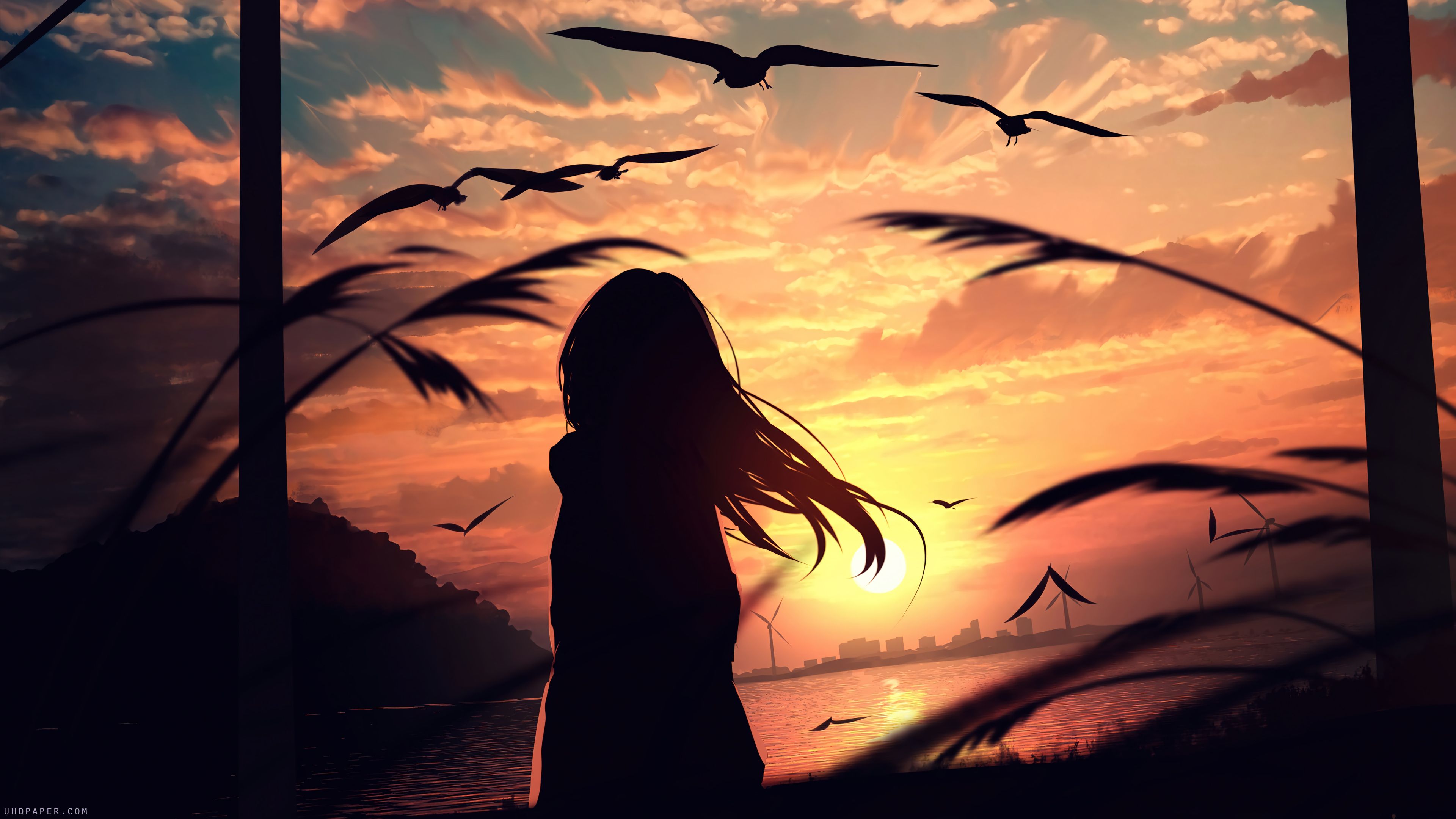 3840x2160 Sunset Anime Girl Silhouette 4K Wallpaper iPhone HD Phone f