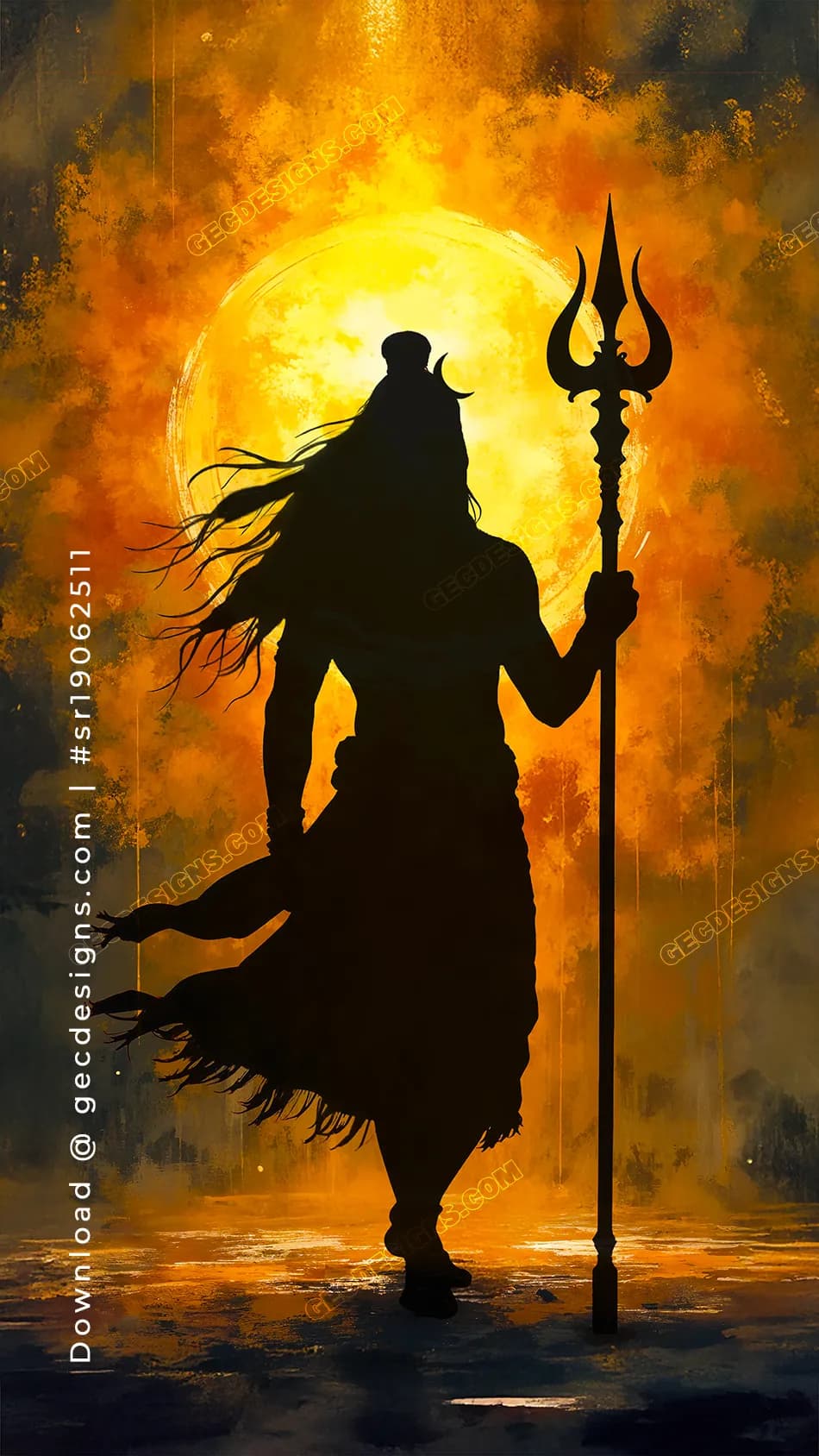 950x1688 Lord Shiva Silhouette Artwork, Trishul Pose with Glowing Full Moon and Fiery Sky Background Download on GEC Designs