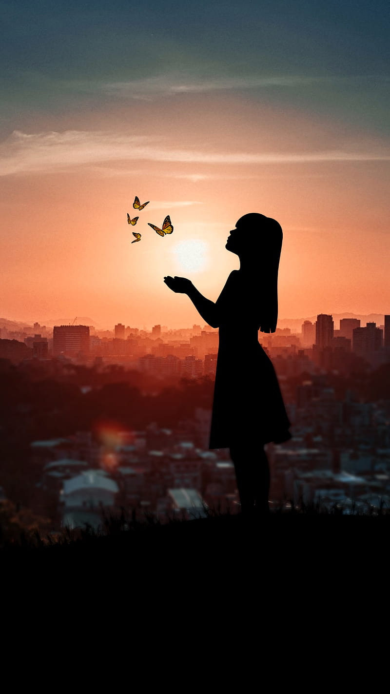 800x1422 Silhouette, Ozart, animal, butterfly, city, nature, sky, sunset, woman, HD phone wallpaper