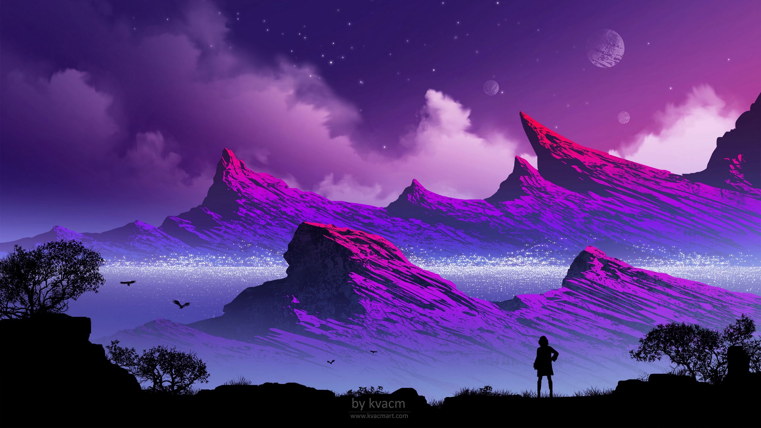 2560x1440 Download wallpaper 2560x1440 silhouette, mountains, clouds, art, fog, loneliness, lonely widescreen 16:9 HD background