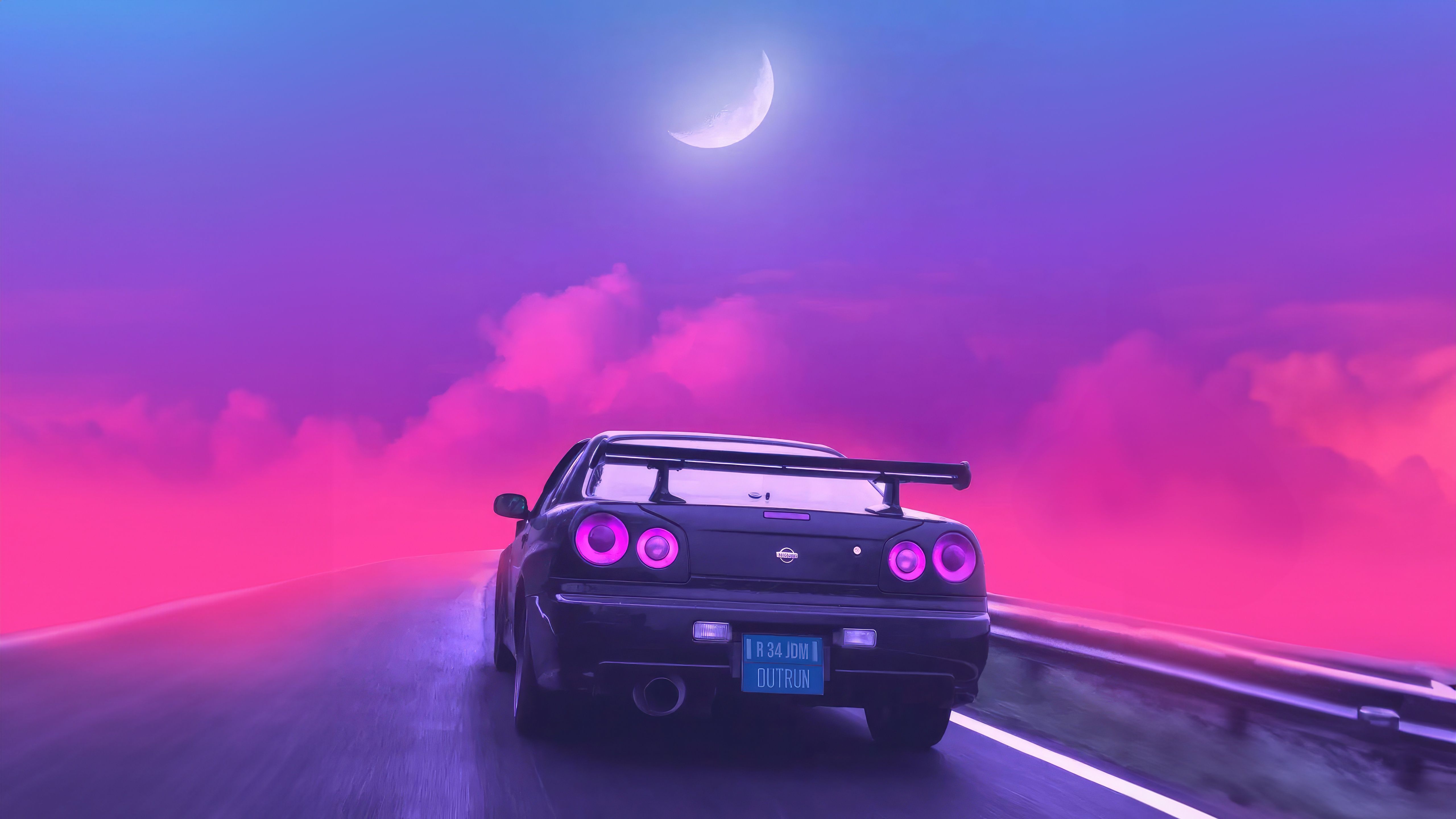 5120x2880 Wallpaper road, clouds, moon, sky, Nissan GTR, Synthwave, pink Color for mobile and desktop, section nissan, resolution 5120x2880