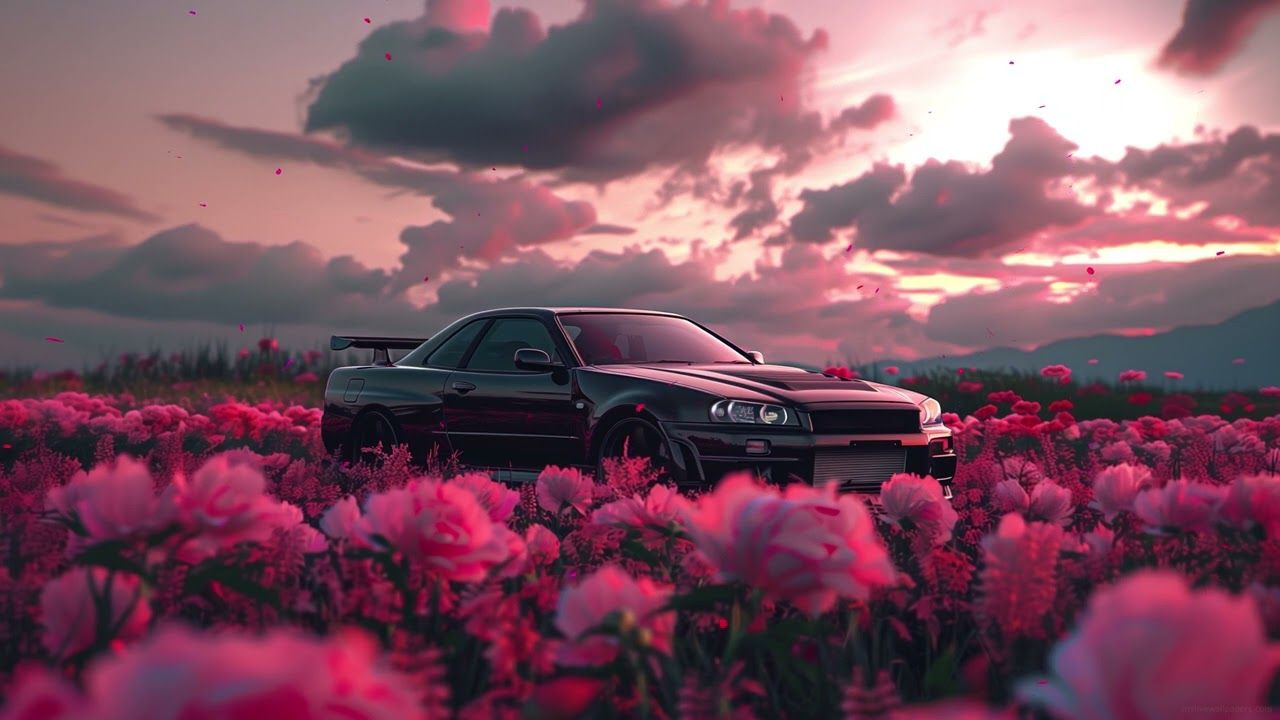 1280x720 Nissan Skyline Pink Petals 4K Live Wallpaper