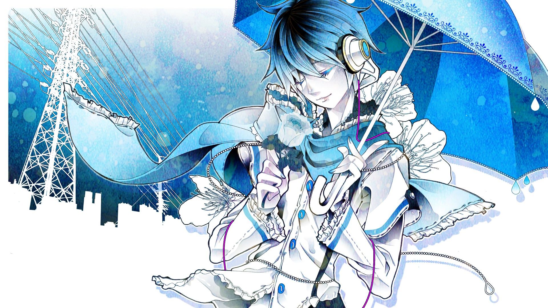 1920x1080 Wallpaper roses, umbrella, guy, vocaloid, Vocaloid, Kaito for mobile and desktop, section прочее, resolution 1920x1080