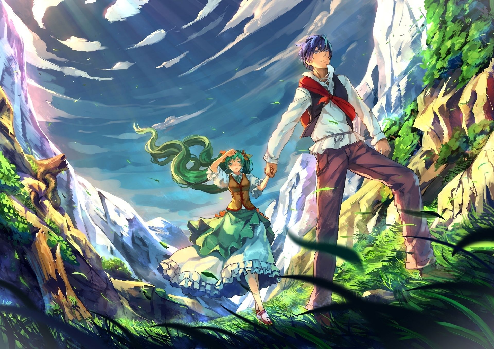 1920x1358 Wallpaper landscape, nature, stones, the wind, gorge, vocaloid, hatsune miku, kaito for mobile and desktop, section аниме, resolution 1920x1358