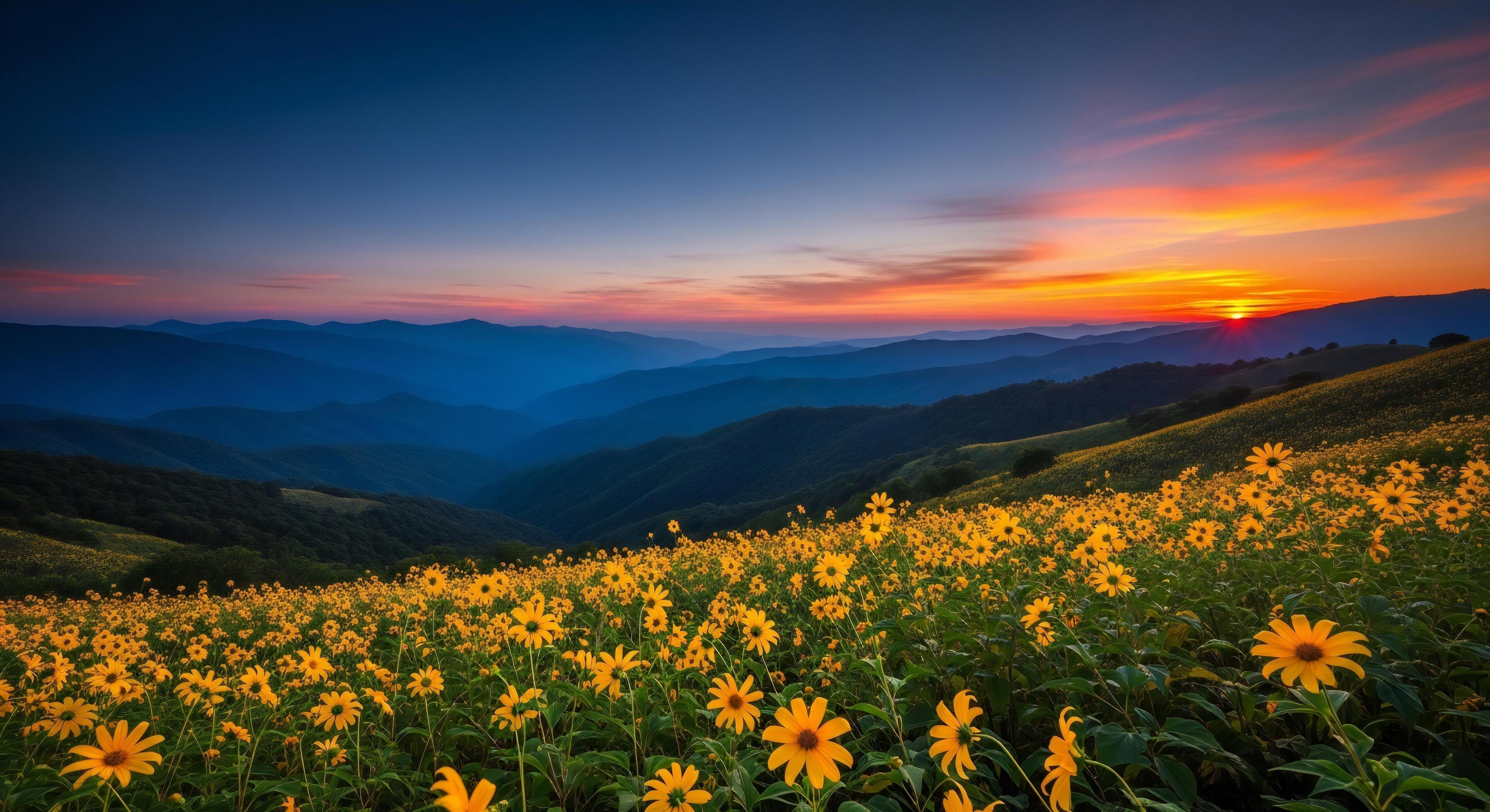 3593x1960 Nature background, Nature wallpaper, Field of yellow wildflowers on a hillside with layered blue mountains at sunset