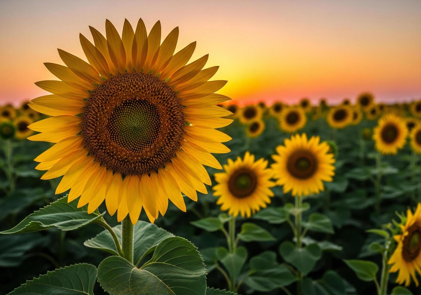 1400x980 Nature background, Nature wallpaper, Close up of a bright yellow sunflower in a field at sunset with other sunflowers in the background