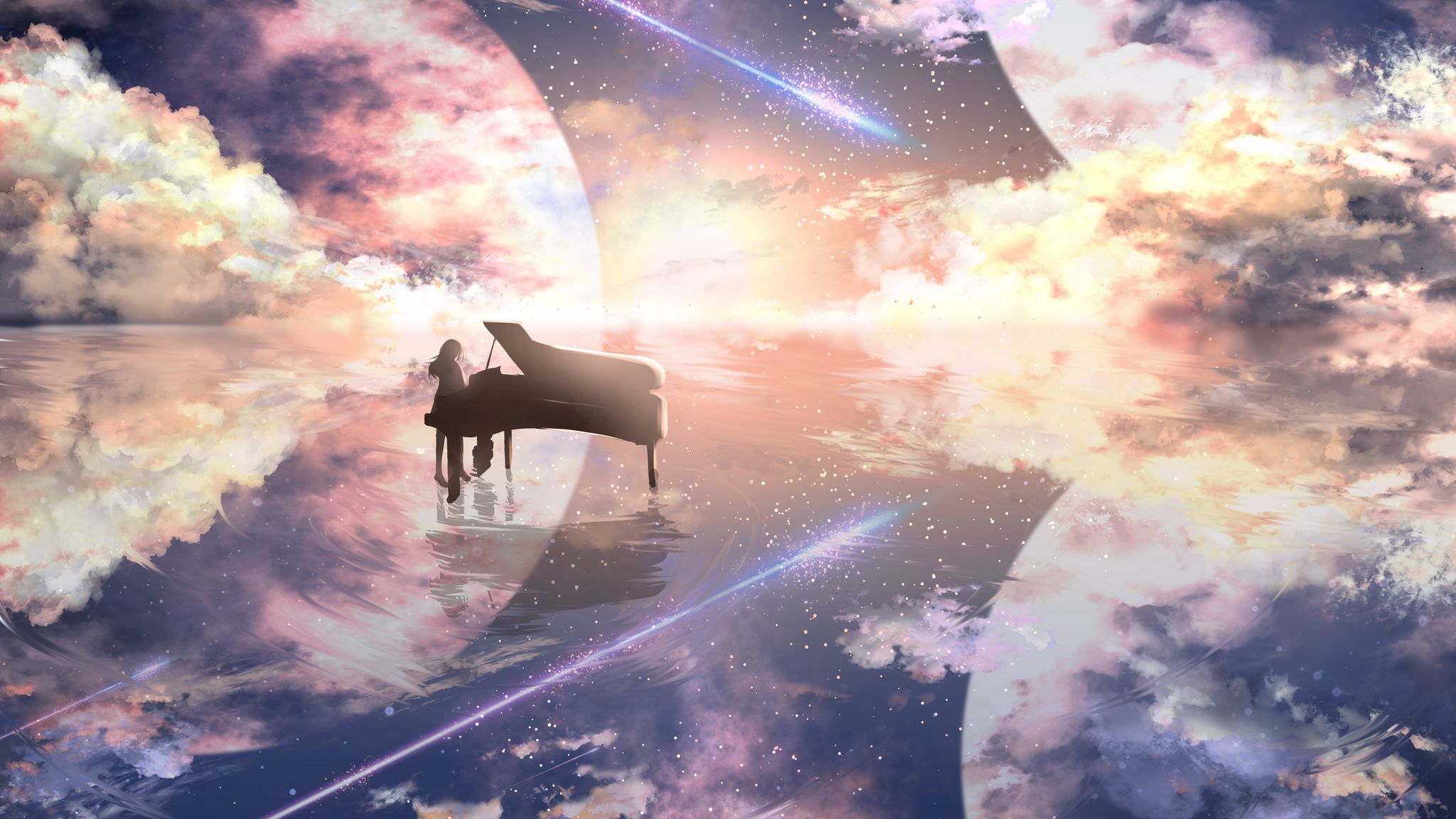 2048x1152 Download wallpaper 2048x1152 piano, silhouette, space, illusion, anime ultrawide monitor HD background