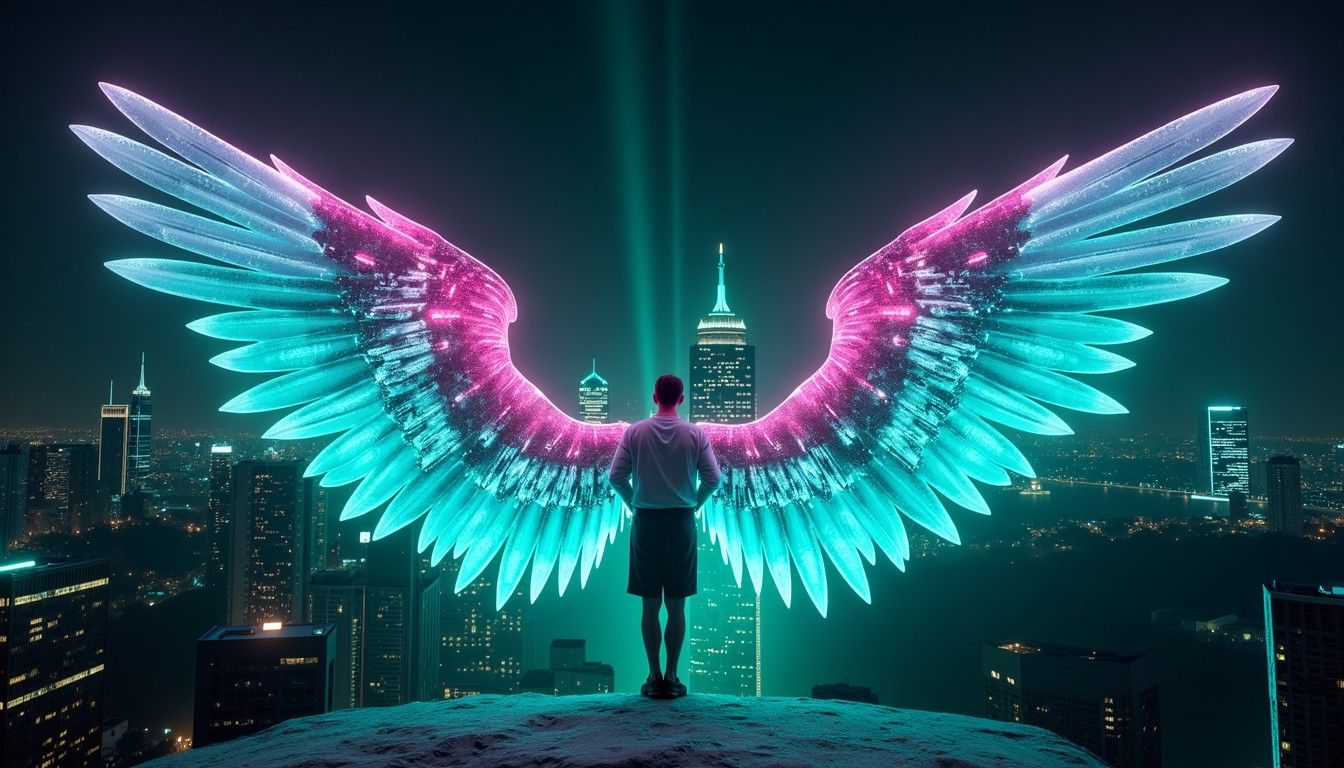 1344x768 Free Neon Angel Rising Image, Neon, Wings