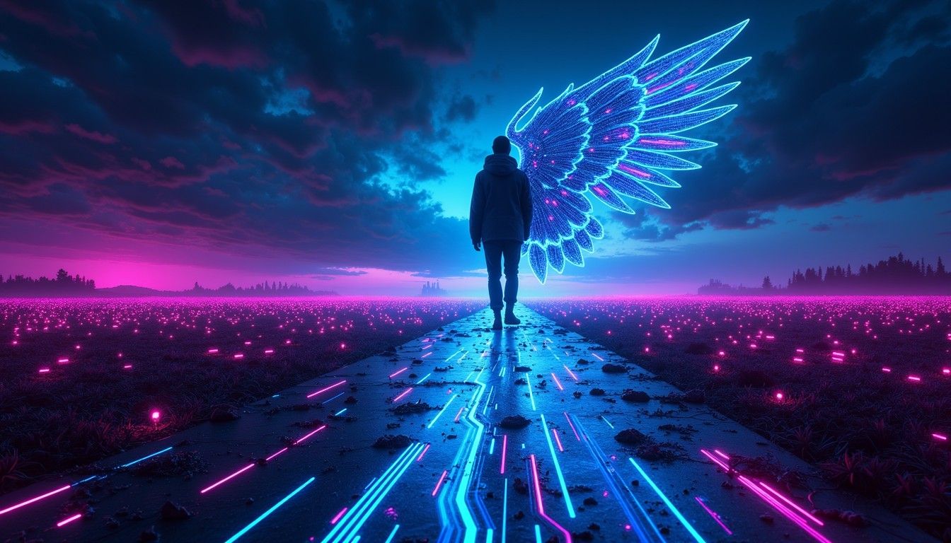 1344x768 Free Neon Angel Ascending Image, Neon, Wings