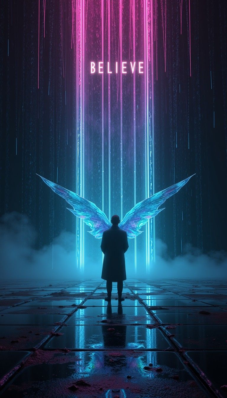 768x1344 Free Neon Angel Ascending Image, Neon, Wings