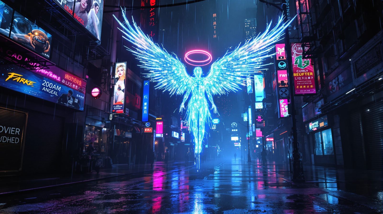 1600x893 cyber angel Angel Descends into Neon City
