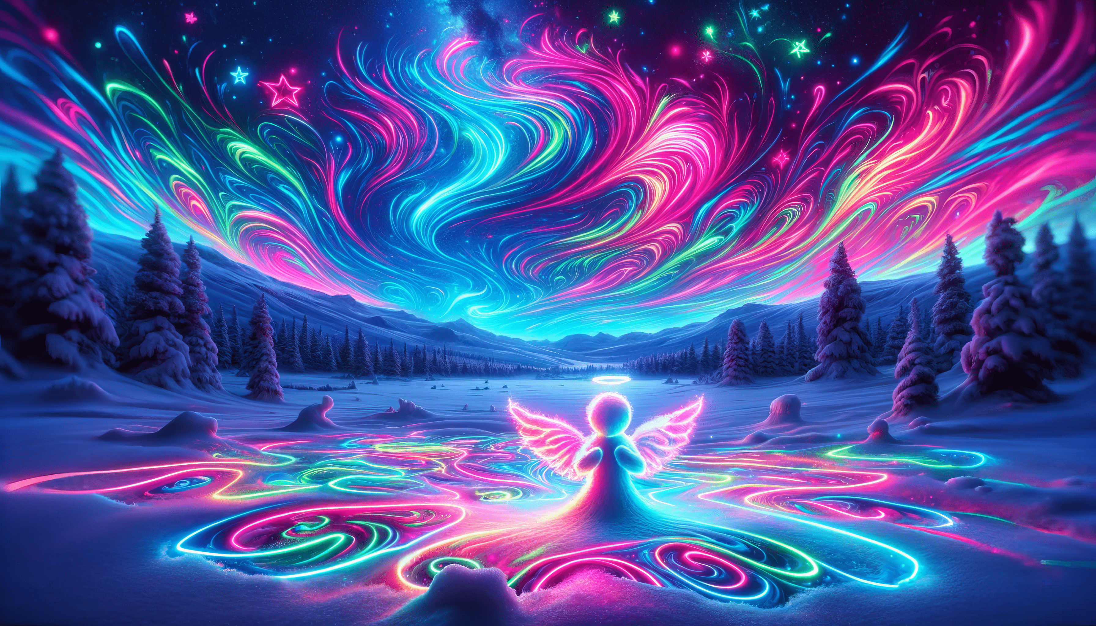 3584x2048 Mystical Neon Snow Angel HD Wallpaper