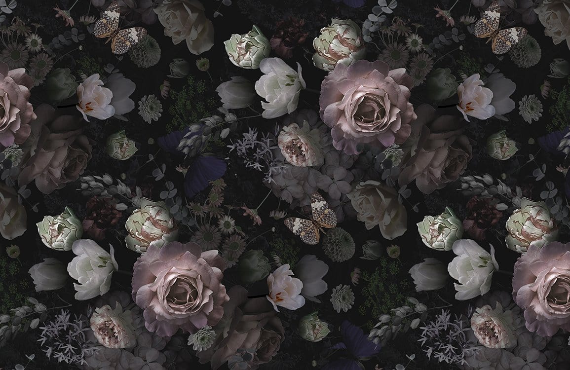 1155x750 Vintage Floral Elegance: Dark Botanical Pattern Wallpaper with Pink Roses